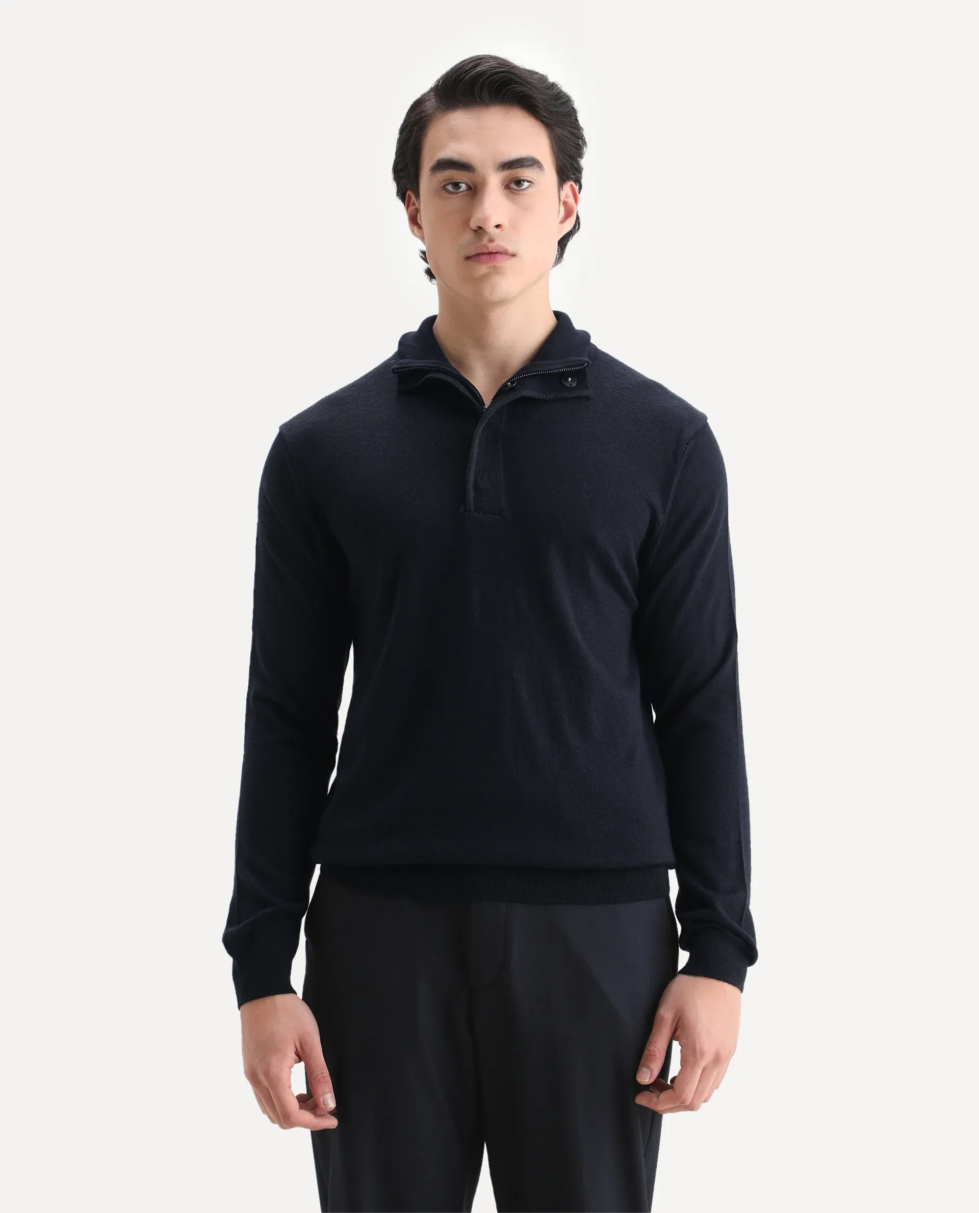 Rare Rabbit Men's Johny Navy Acrylic Plain Regular Fit Full Sleeve Stand Collar Sweater - Image 4