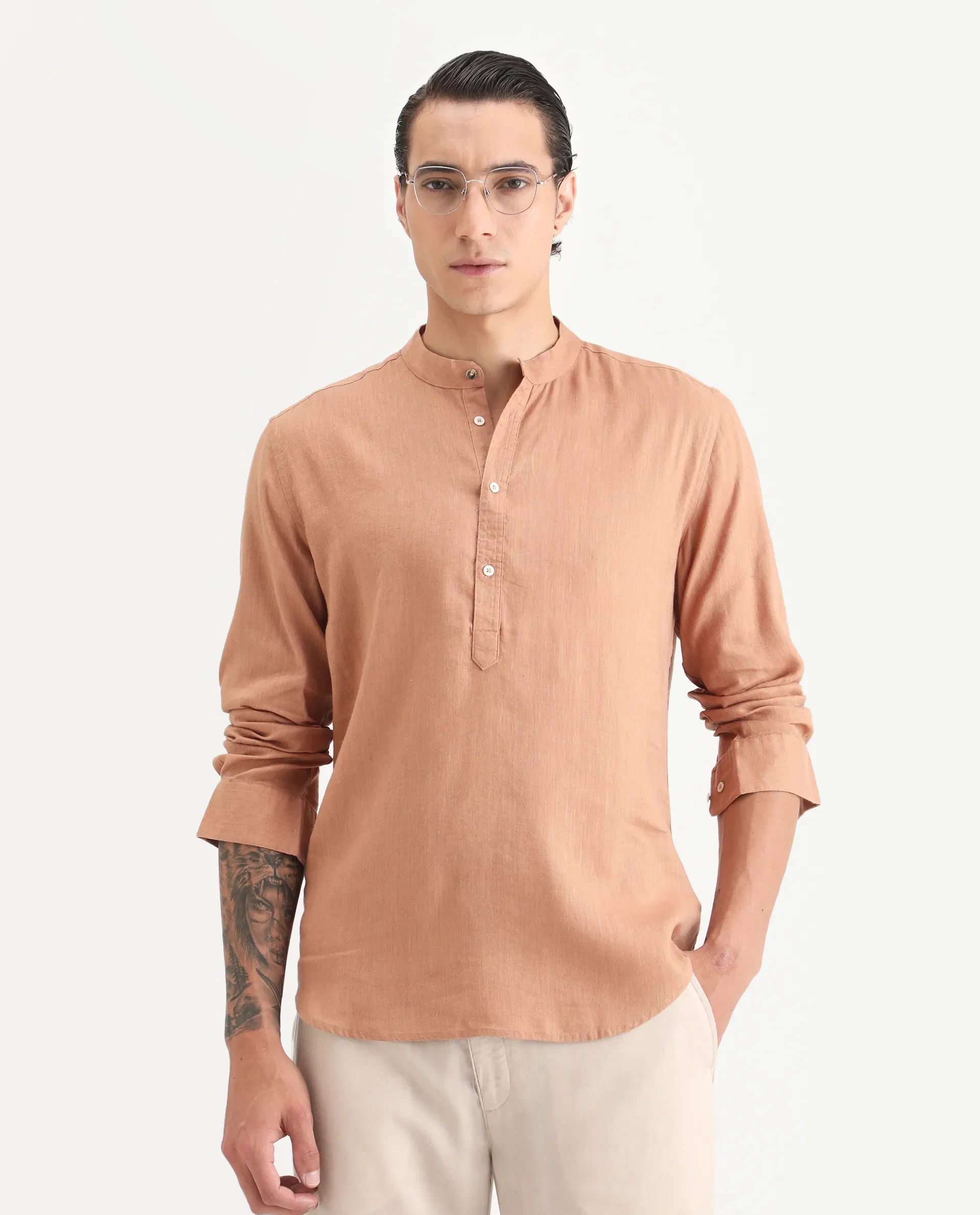 Rare Rabbit Men's Joi Beige 100% Linen Plain Regular Fit Full Sleeve Mandarin Collar Kurta