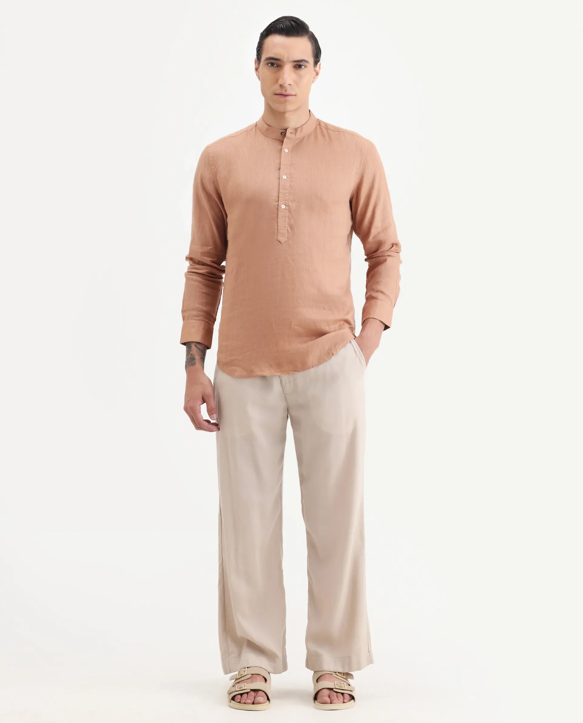 Rare Rabbit Men's Joi Beige 100% Linen Plain Regular Fit Full Sleeve Mandarin Collar Kurta - Image 2