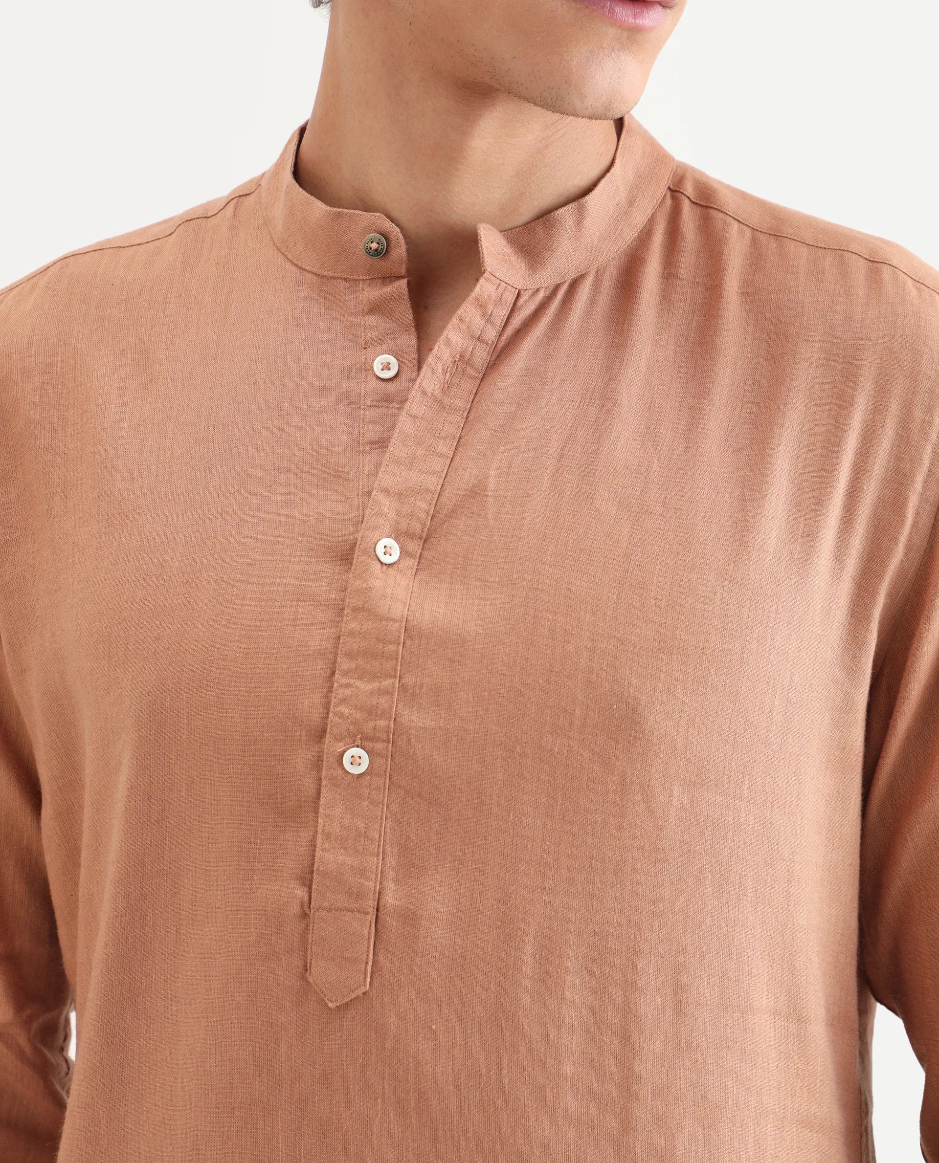 Rare Rabbit Men's Joi Beige 100% Linen Plain Regular Fit Full Sleeve Mandarin Collar Kurta - Image 3