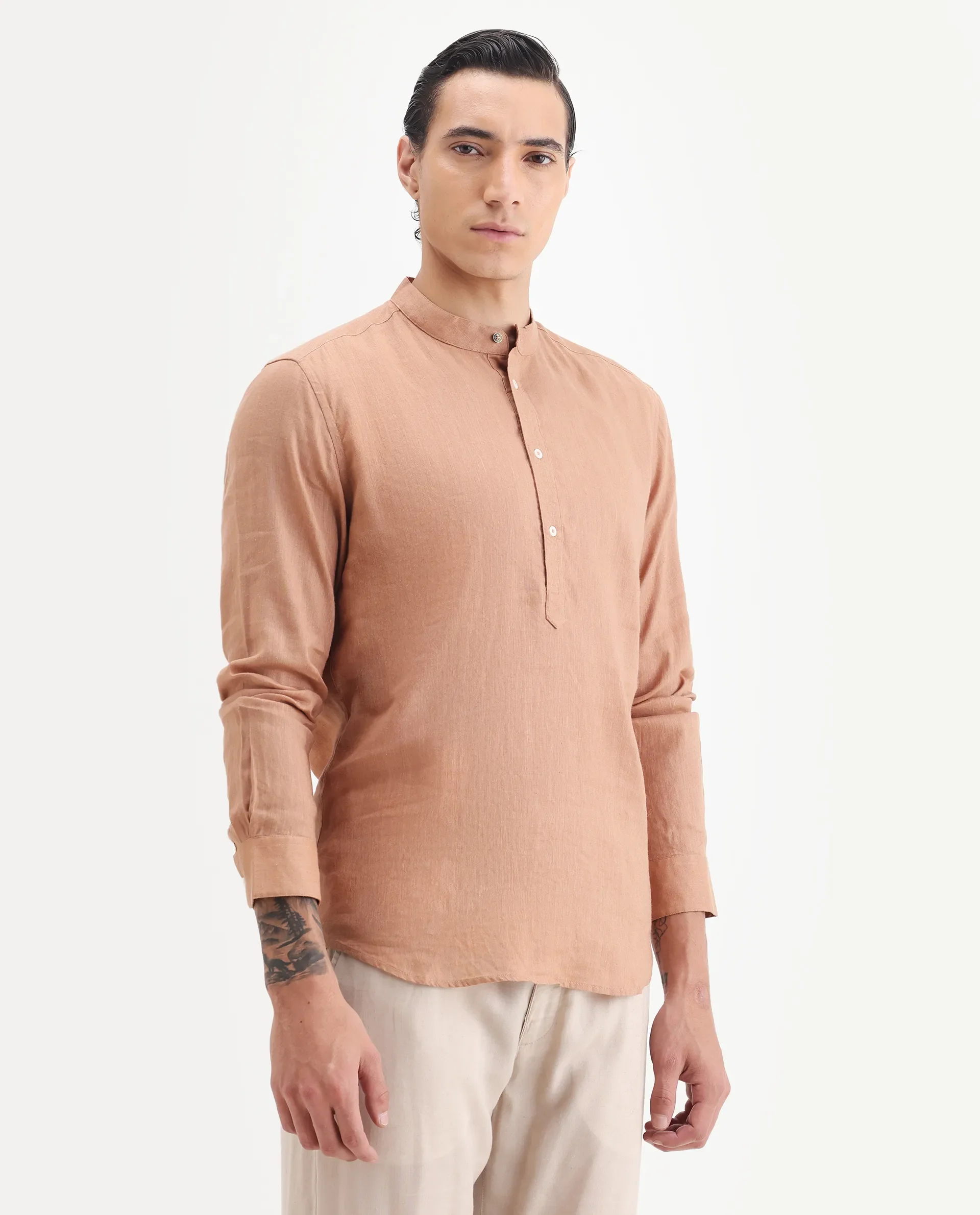 Rare Rabbit Men's Joi Beige 100% Linen Plain Regular Fit Full Sleeve Mandarin Collar Kurta - Image 4