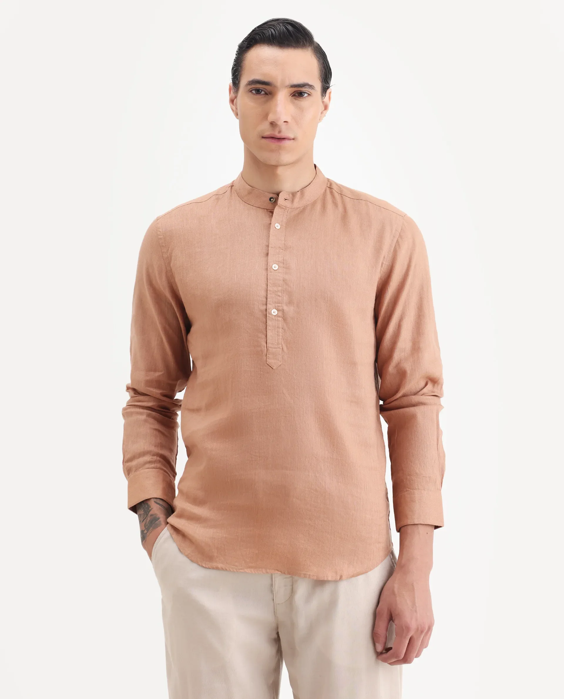Rare Rabbit Men's Joi Beige 100% Linen Plain Regular Fit Full Sleeve Mandarin Collar Kurta - Image 5