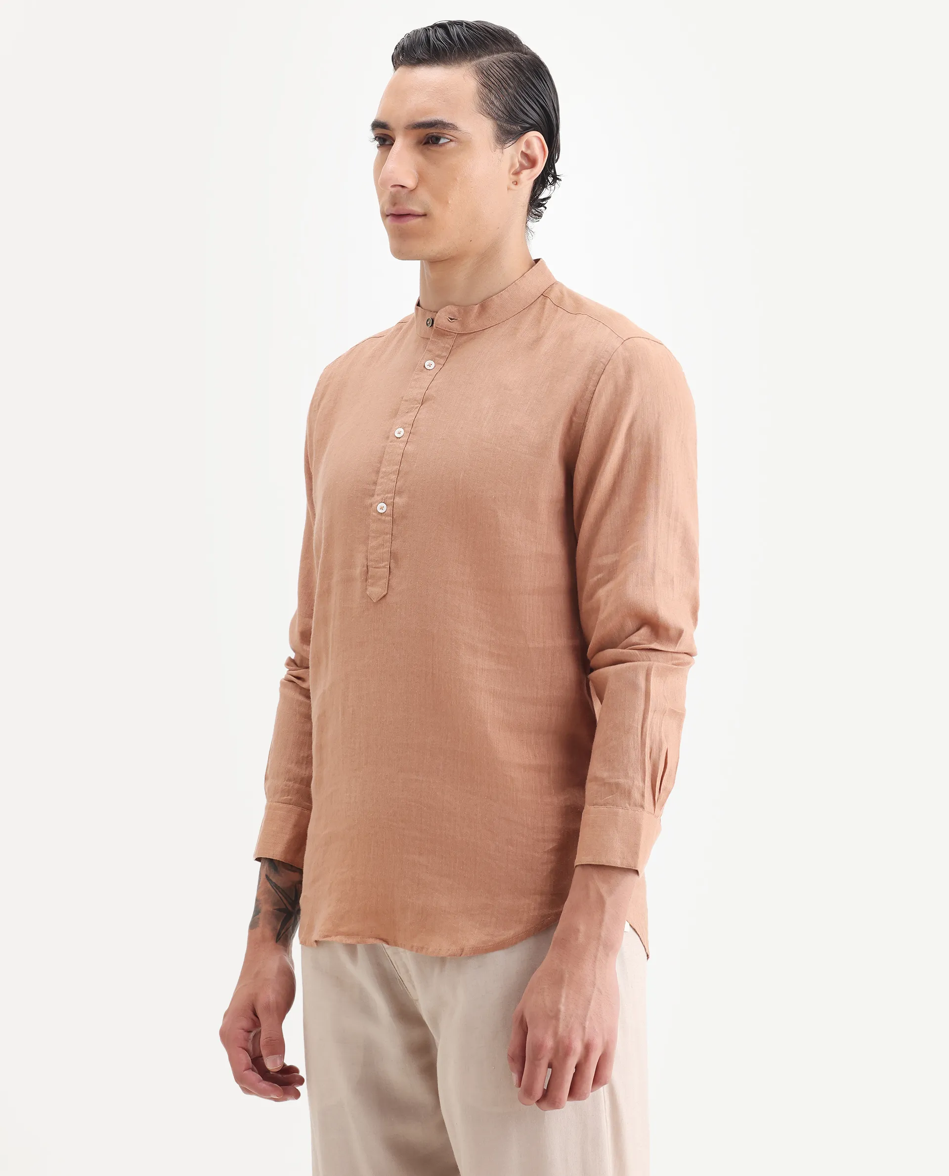 Rare Rabbit Men's Joi Beige 100% Linen Plain Regular Fit Full Sleeve Mandarin Collar Kurta - Image 7
