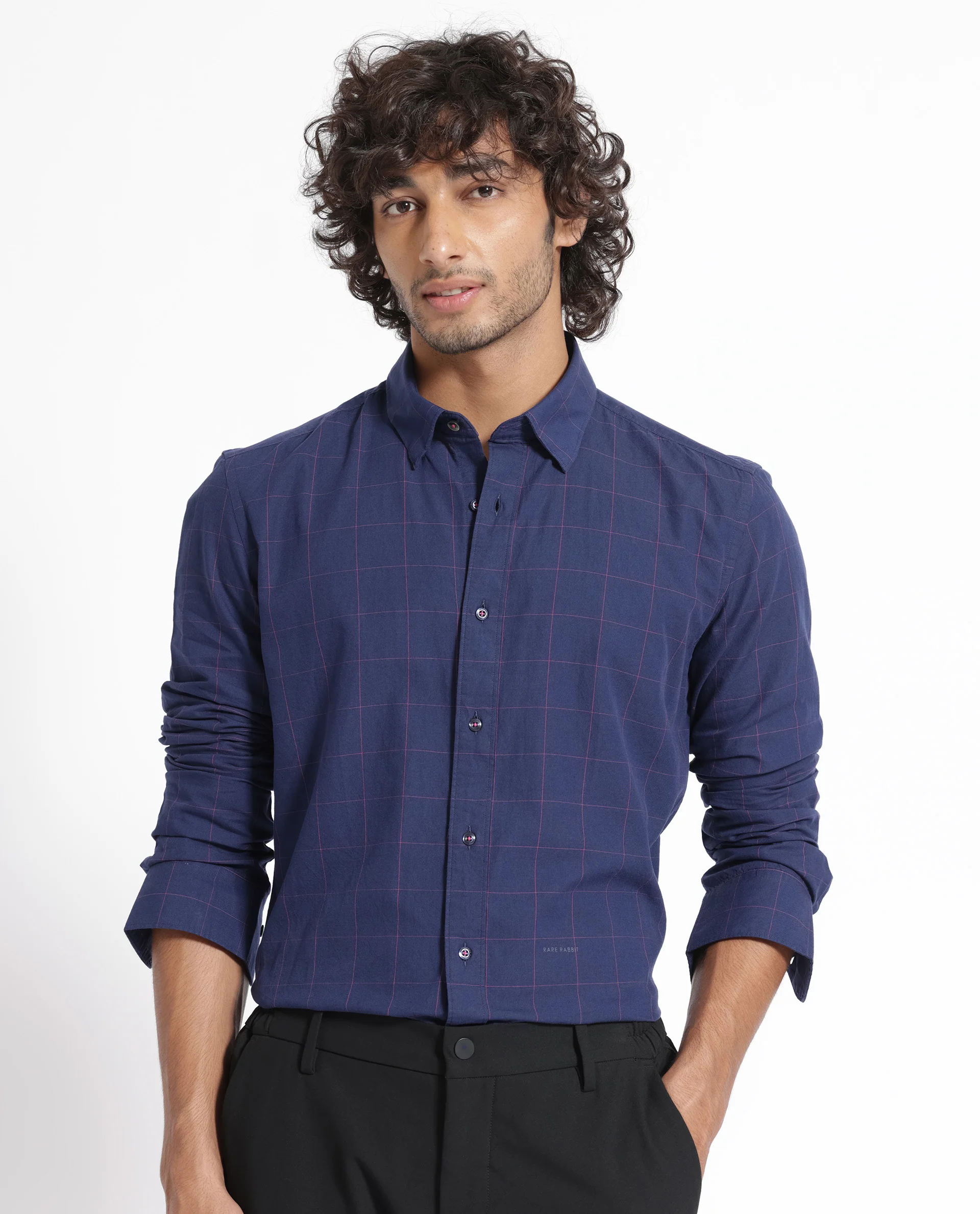 Rare Rabbit Men's Join Navy Cotton Checked Print Regular Fit Full Sleeve Collared Shirt