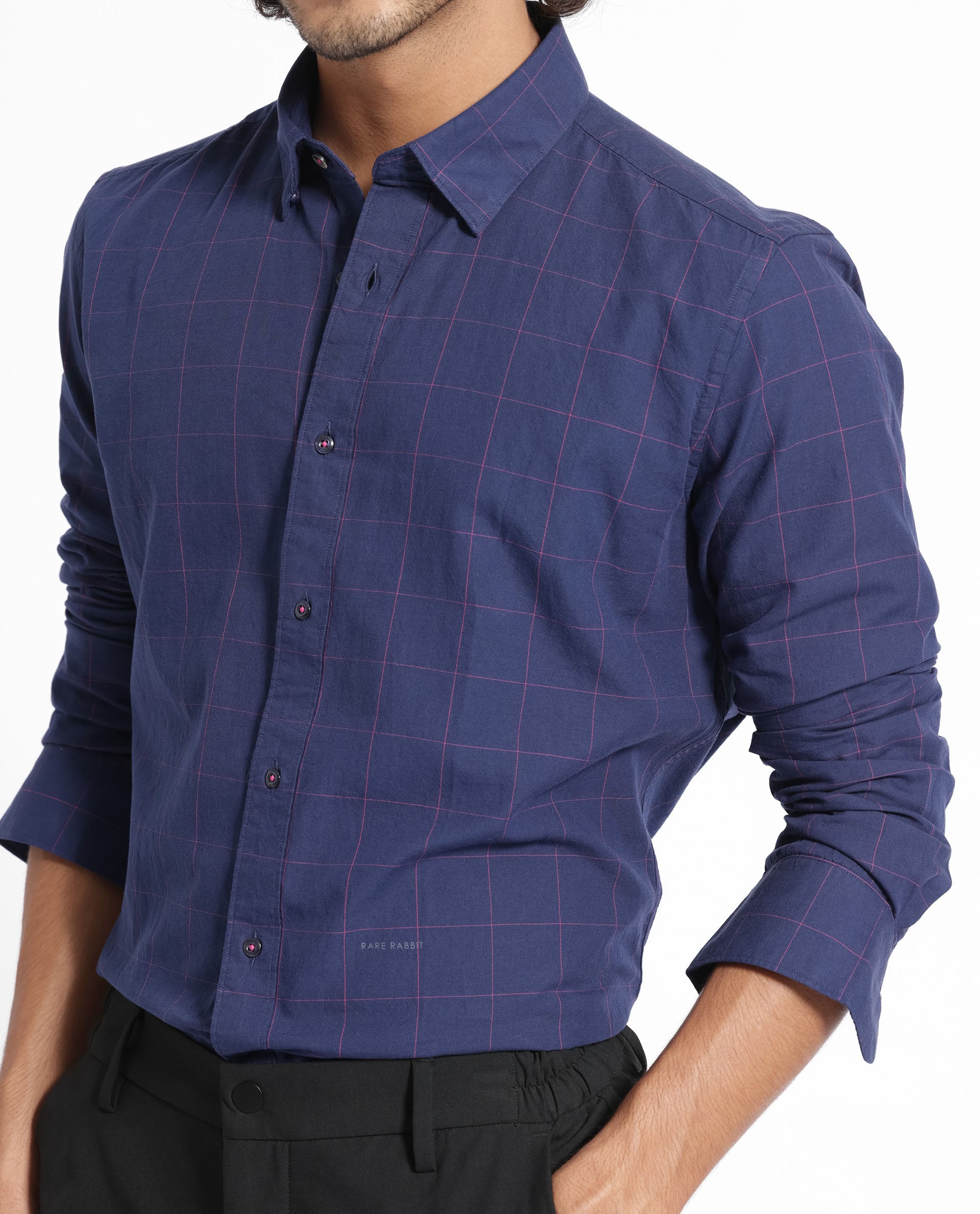 Rare Rabbit Men's Join Navy Cotton Checked Print Regular Fit Full Sleeve Collared Shirt - Image 4