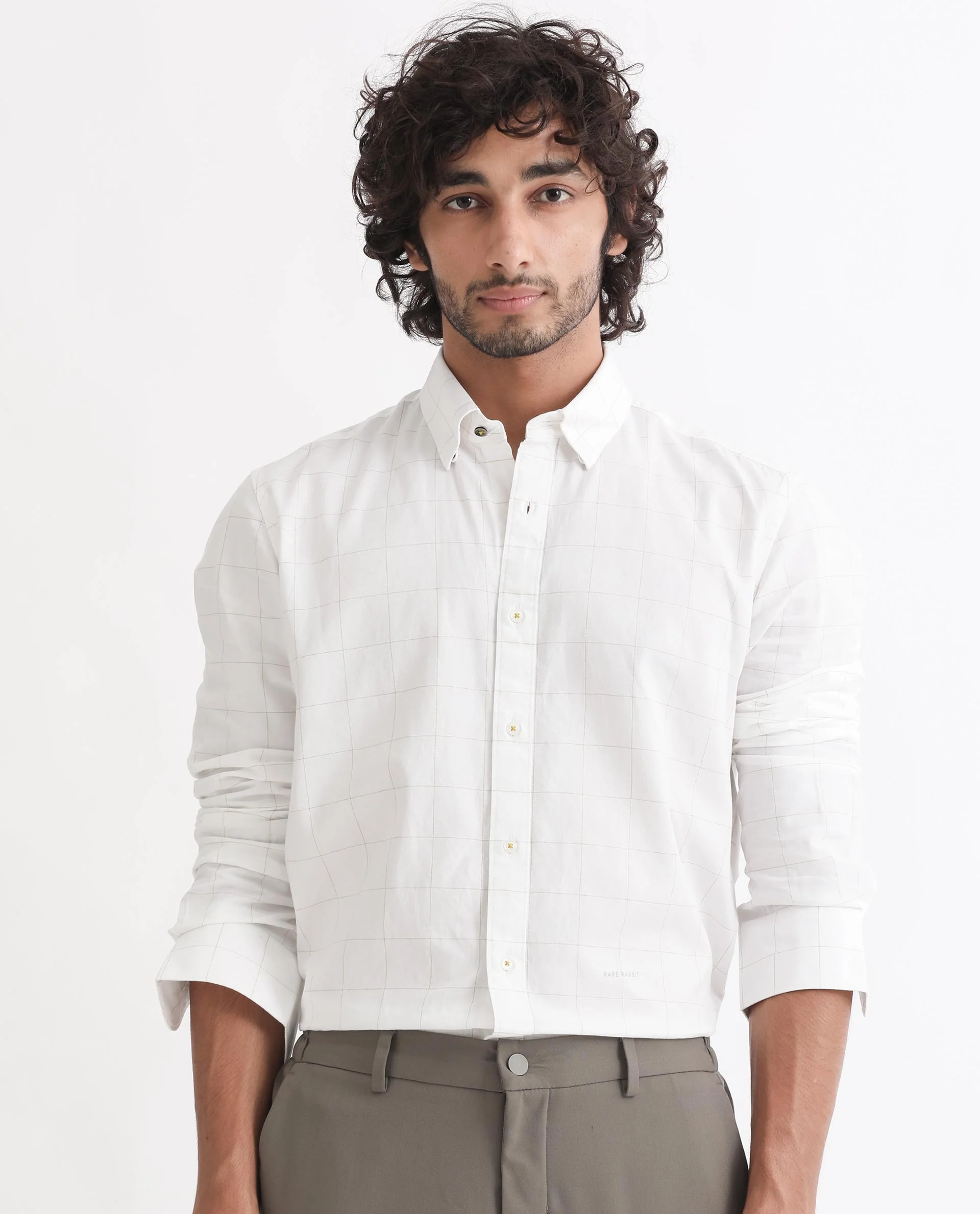 Rare Rabbit Men's Join White Cotton Checked Print Regular Fit Full Sleeve Collared Shirt