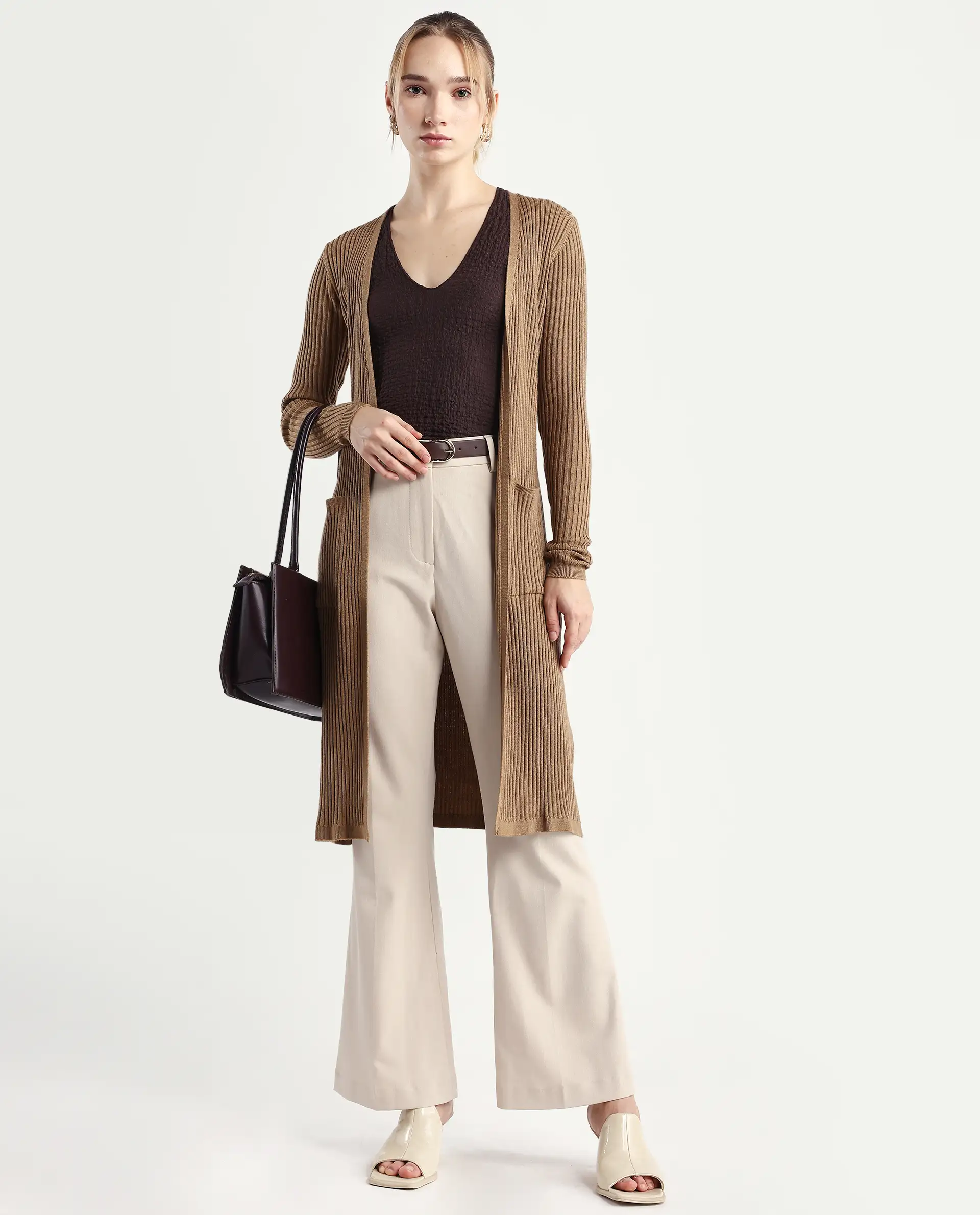 Rareism Women's Joji Dark Beige Acrylic Collarless Regular Fit Plain Shrug - Image 2