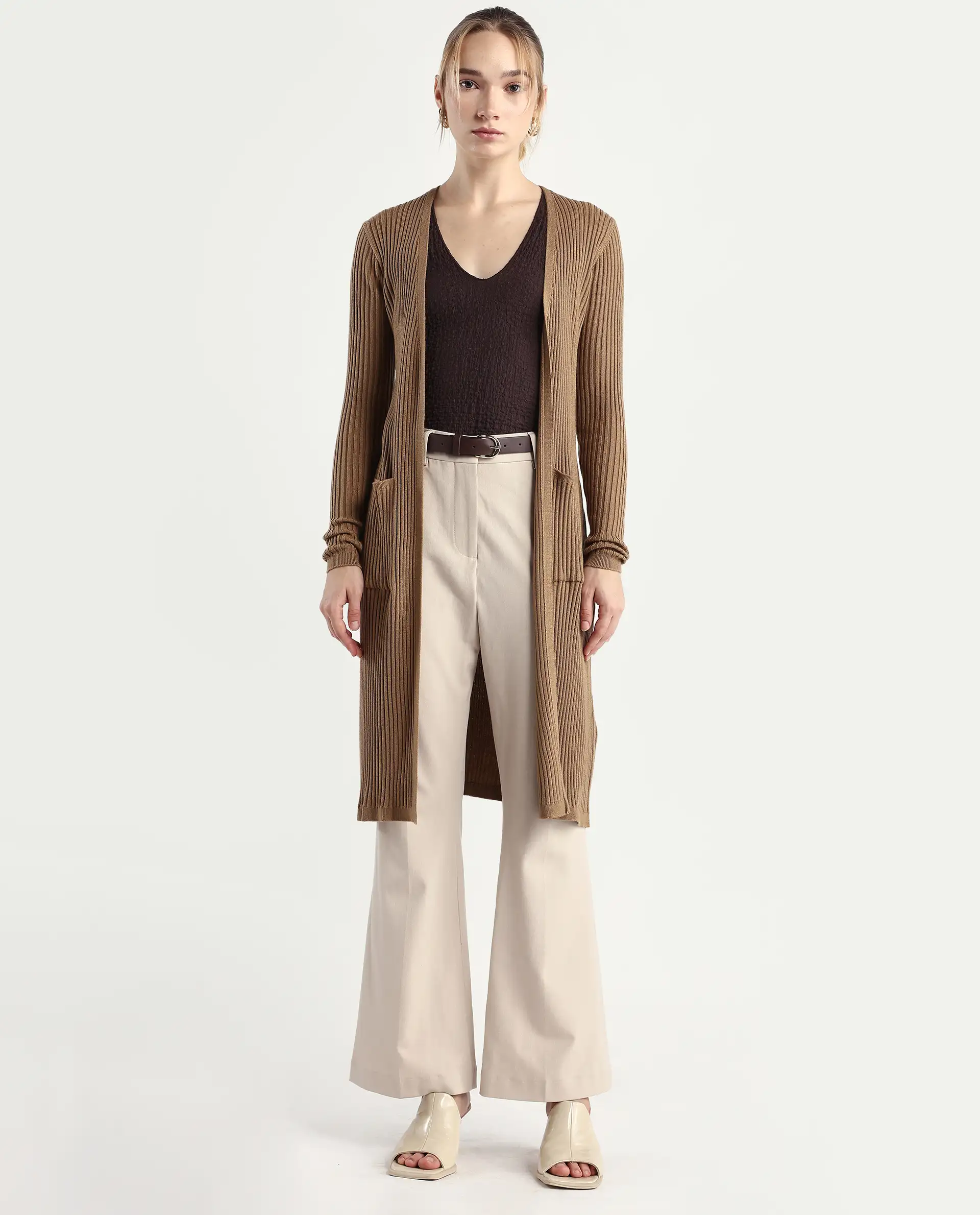 Rareism Women's Joji Dark Beige Acrylic Collarless Regular Fit Plain Shrug - Image 3