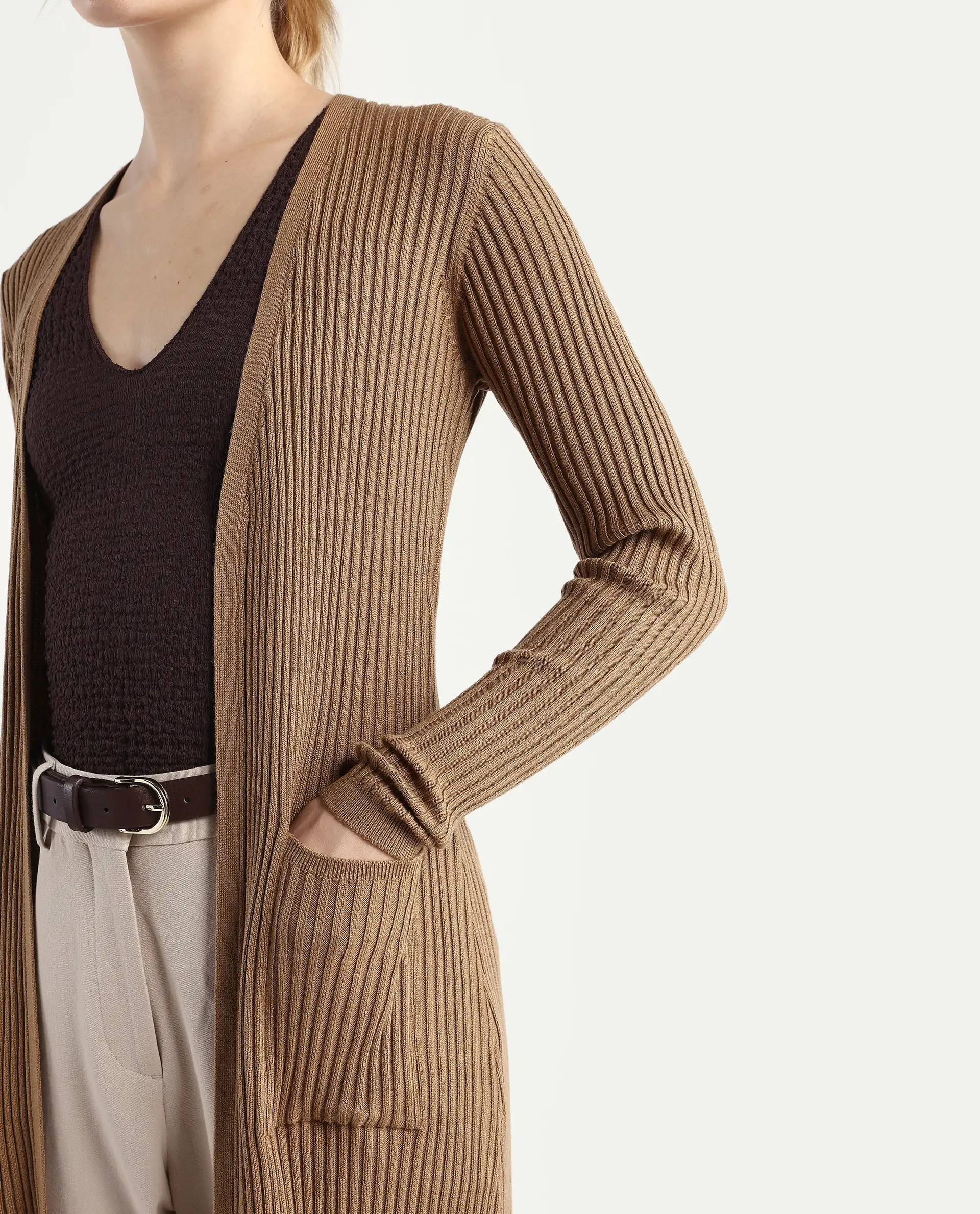 Rareism Women's Joji Dark Beige Acrylic Collarless Regular Fit Plain Shrug - Image 4