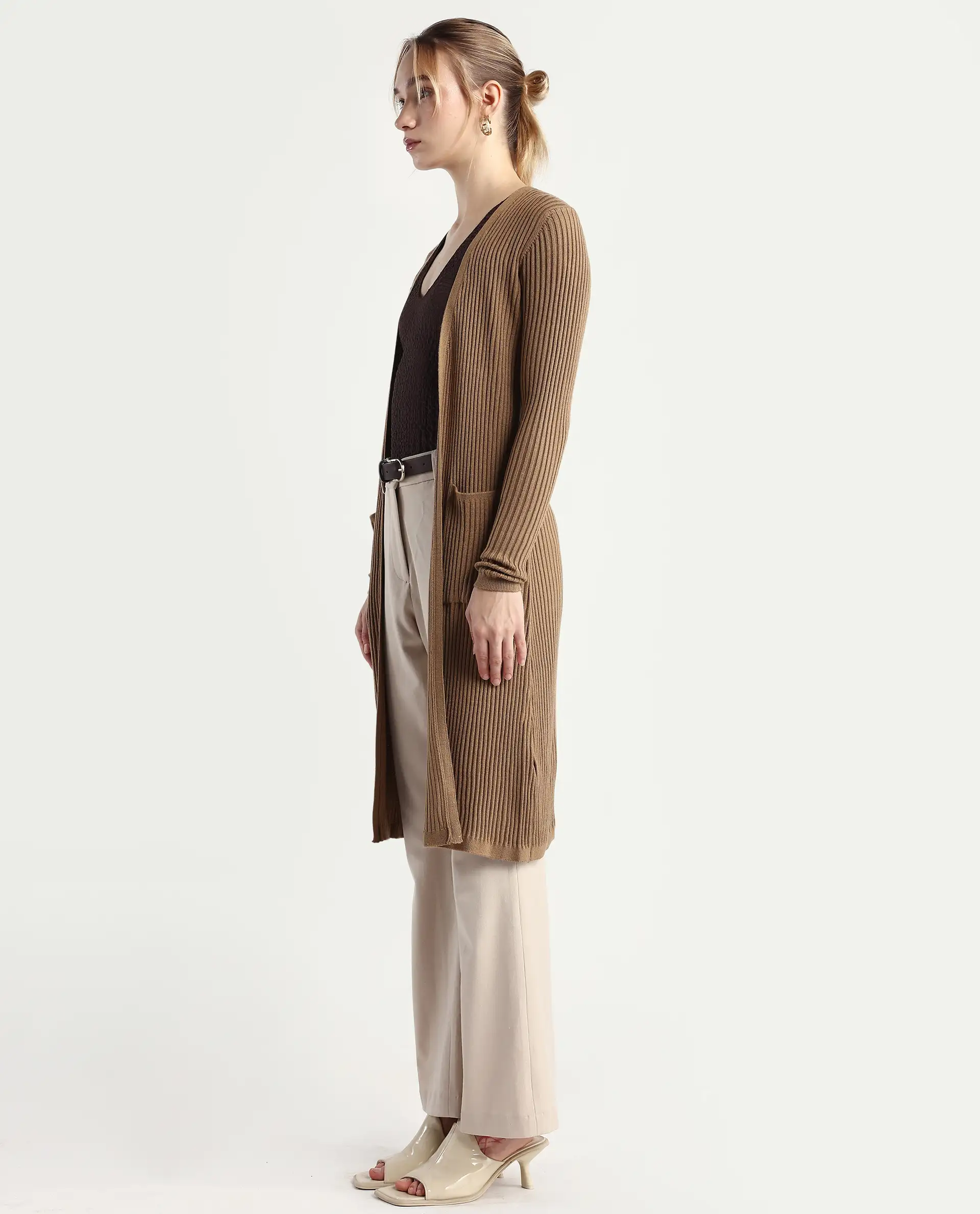 Rareism Women's Joji Dark Beige Acrylic Collarless Regular Fit Plain Shrug - Image 5