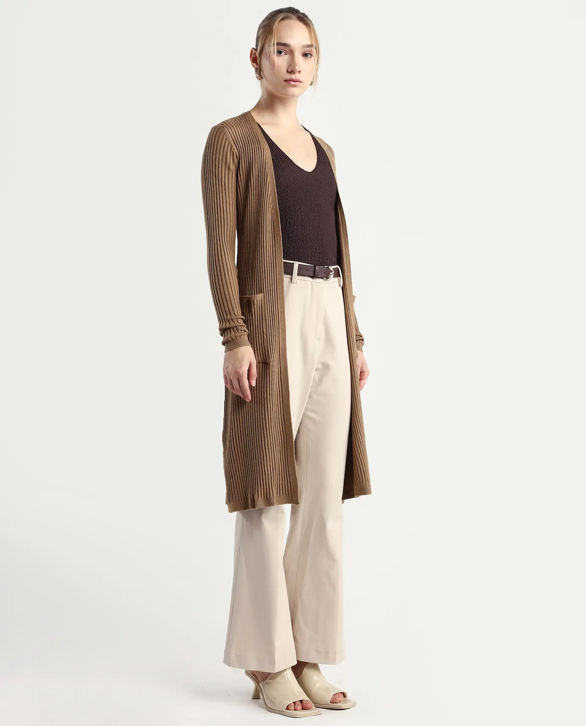 Rareism Women's Joji Dark Beige Acrylic Collarless Regular Fit Plain Shrug - Image 6