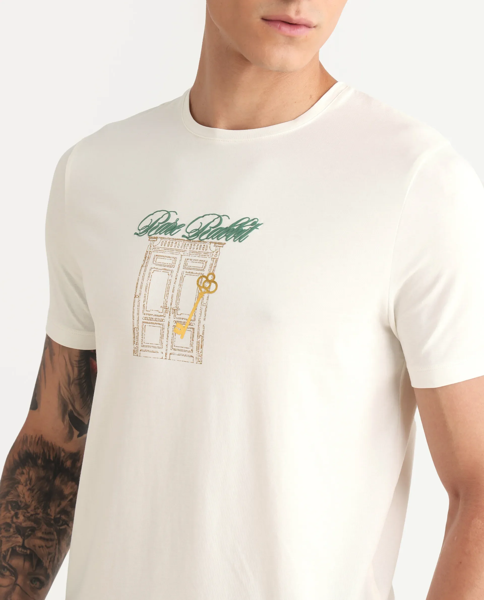 Rare Rabbit Men's Jojo Off White Cotton Blend Fabric Crew Neck Regular Fit Graphic Print T-Shirt - Image 3