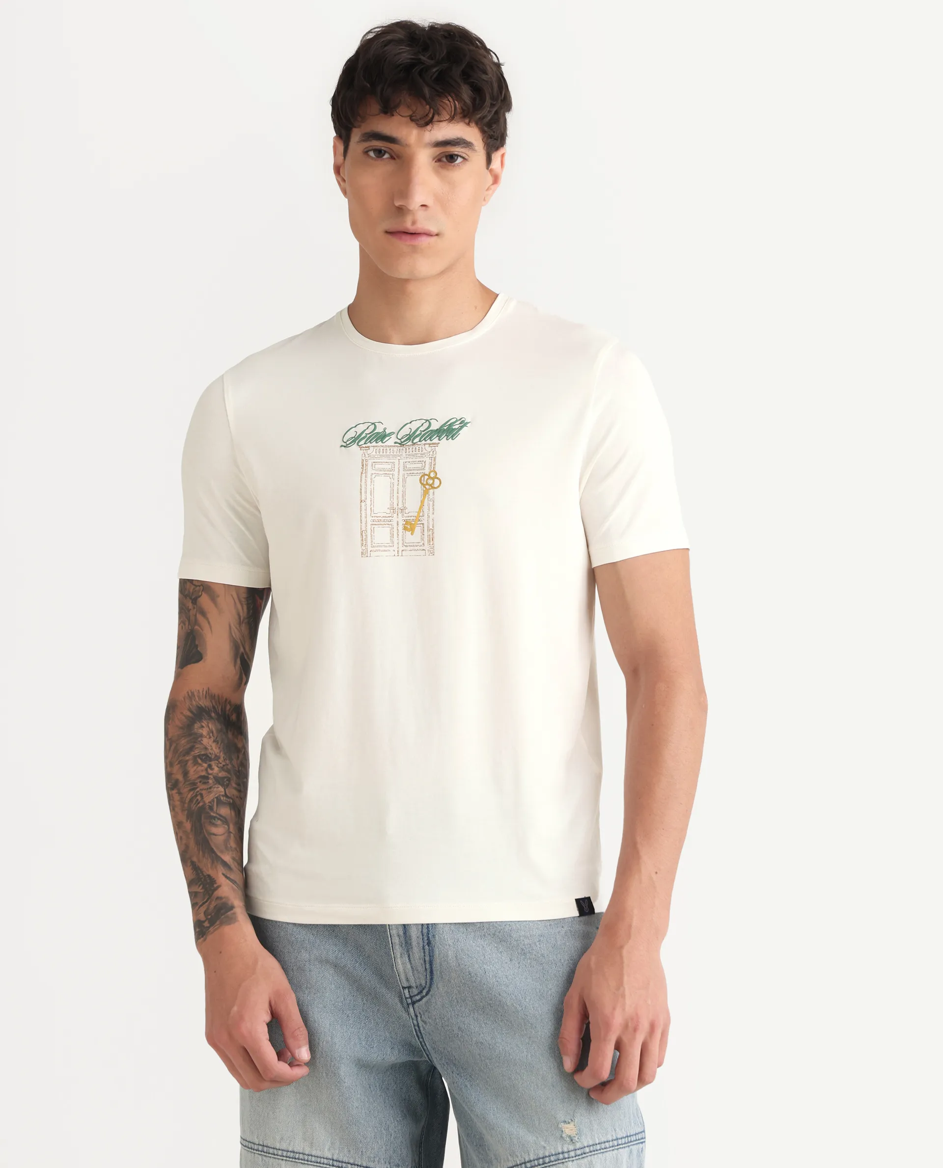 Rare Rabbit Men's Jojo Off White Cotton Blend Fabric Crew Neck Regular Fit Graphic Print T-Shirt - Image 4