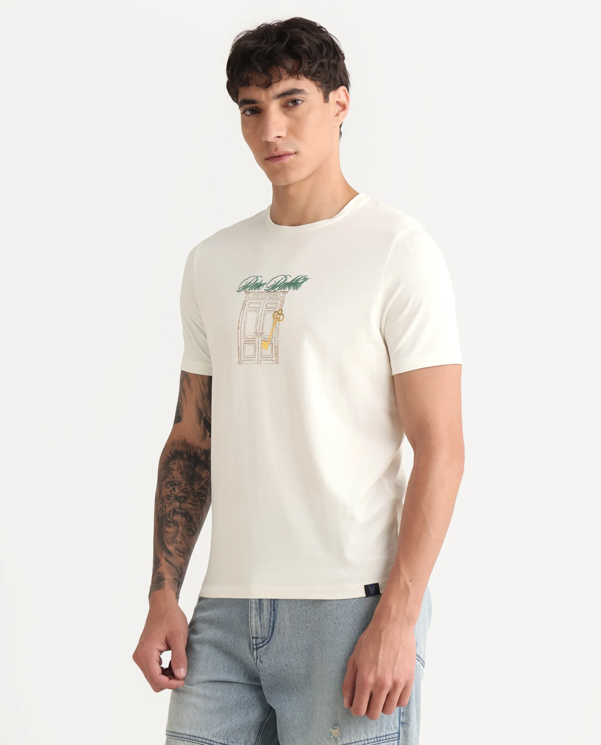 Rare Rabbit Men's Jojo Off White Cotton Blend Fabric Crew Neck Regular Fit Graphic Print T-Shirt - Image 5