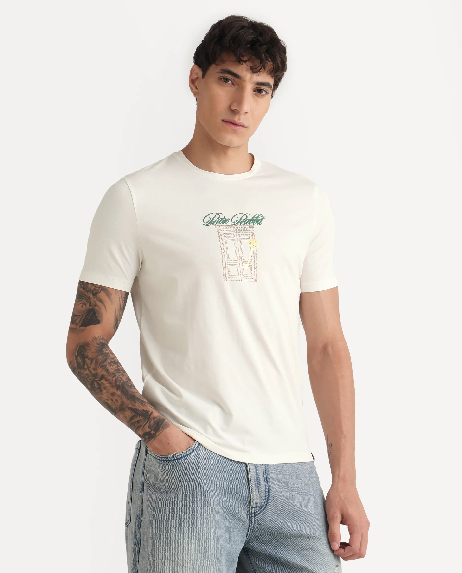 Rare Rabbit Men's Jojo Off White Cotton Blend Fabric Crew Neck Regular Fit Graphic Print T-Shirt - Image 6