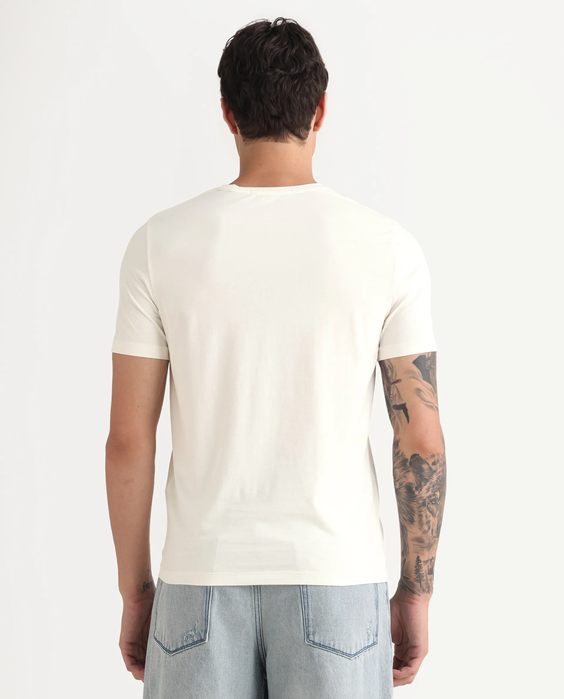 Rare Rabbit Men's Jojo Off White Cotton Blend Fabric Crew Neck Regular Fit Graphic Print T-Shirt - Image 7
