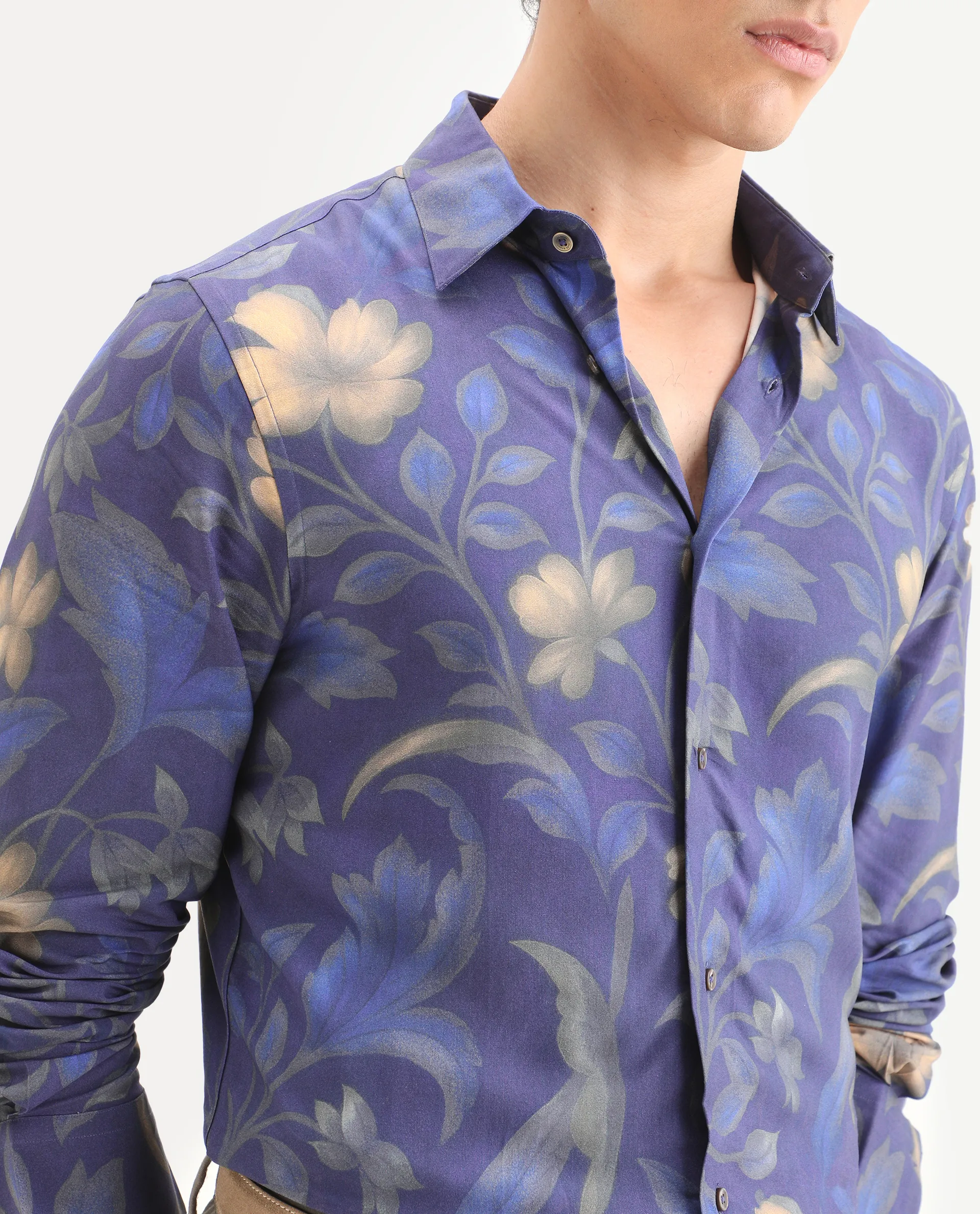 Rare Rabbit Men's Jolo Dusky Purple Viscose Fabric Full Sleeve Spread Collar Regular Fit Floral Print Shirt - Image 3