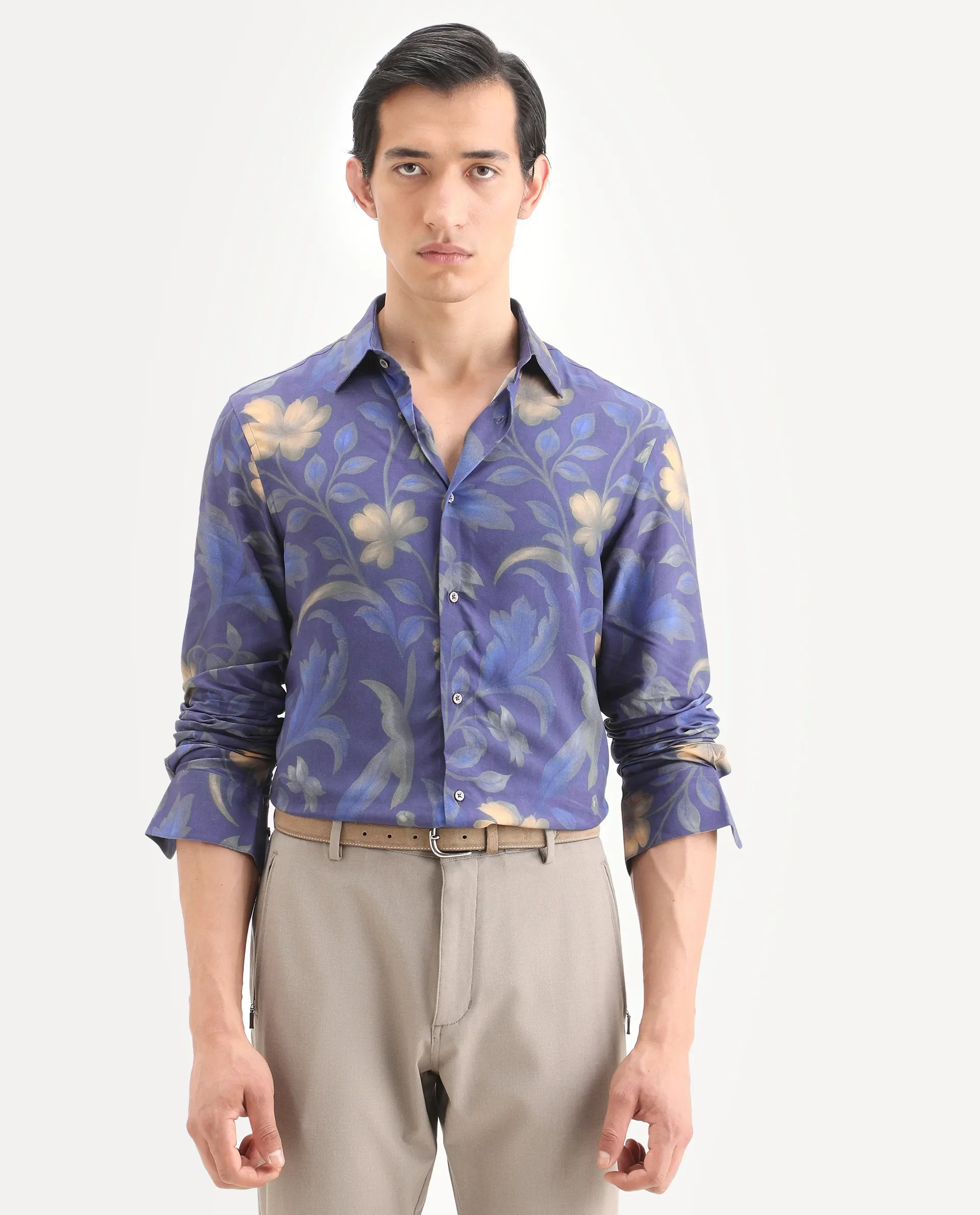 Rare Rabbit Men's Jolo Dusky Purple Viscose Fabric Full Sleeve Spread Collar Regular Fit Floral Print Shirt - Image 4