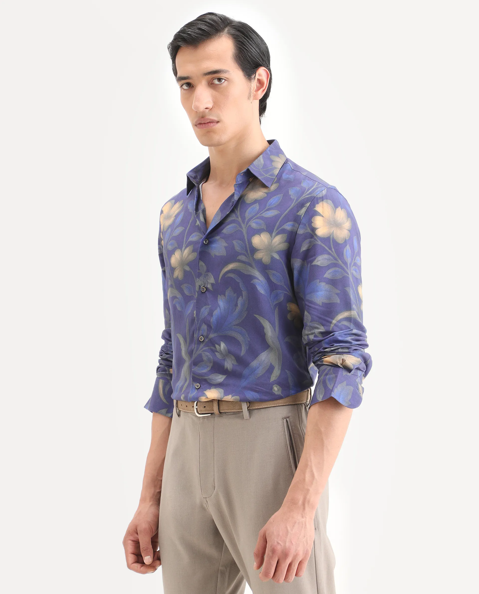 Rare Rabbit Men's Jolo Dusky Purple Viscose Fabric Full Sleeve Spread Collar Regular Fit Floral Print Shirt - Image 5