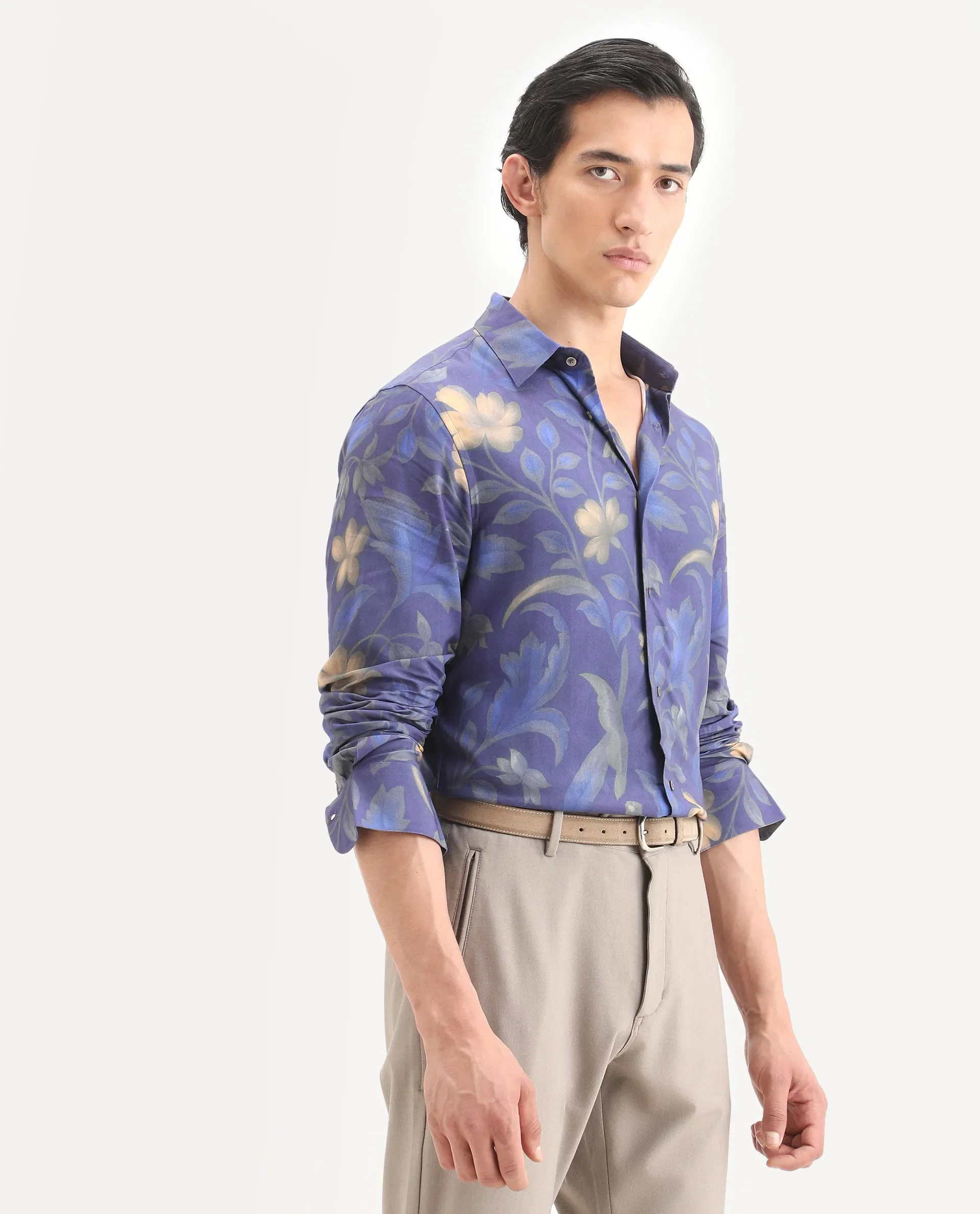 Rare Rabbit Men's Jolo Dusky Purple Viscose Fabric Full Sleeve Spread Collar Regular Fit Floral Print Shirt - Image 6