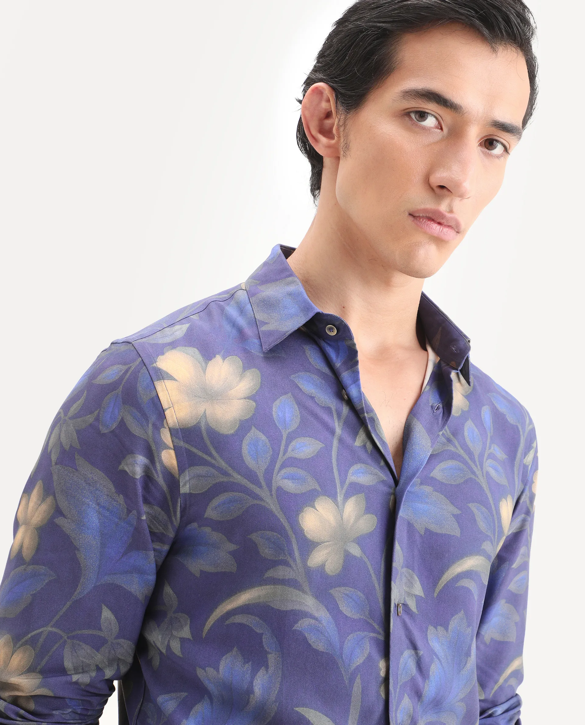 Rare Rabbit Men's Jolo Dusky Purple Viscose Fabric Full Sleeve Spread Collar Regular Fit Floral Print Shirt - Image 7