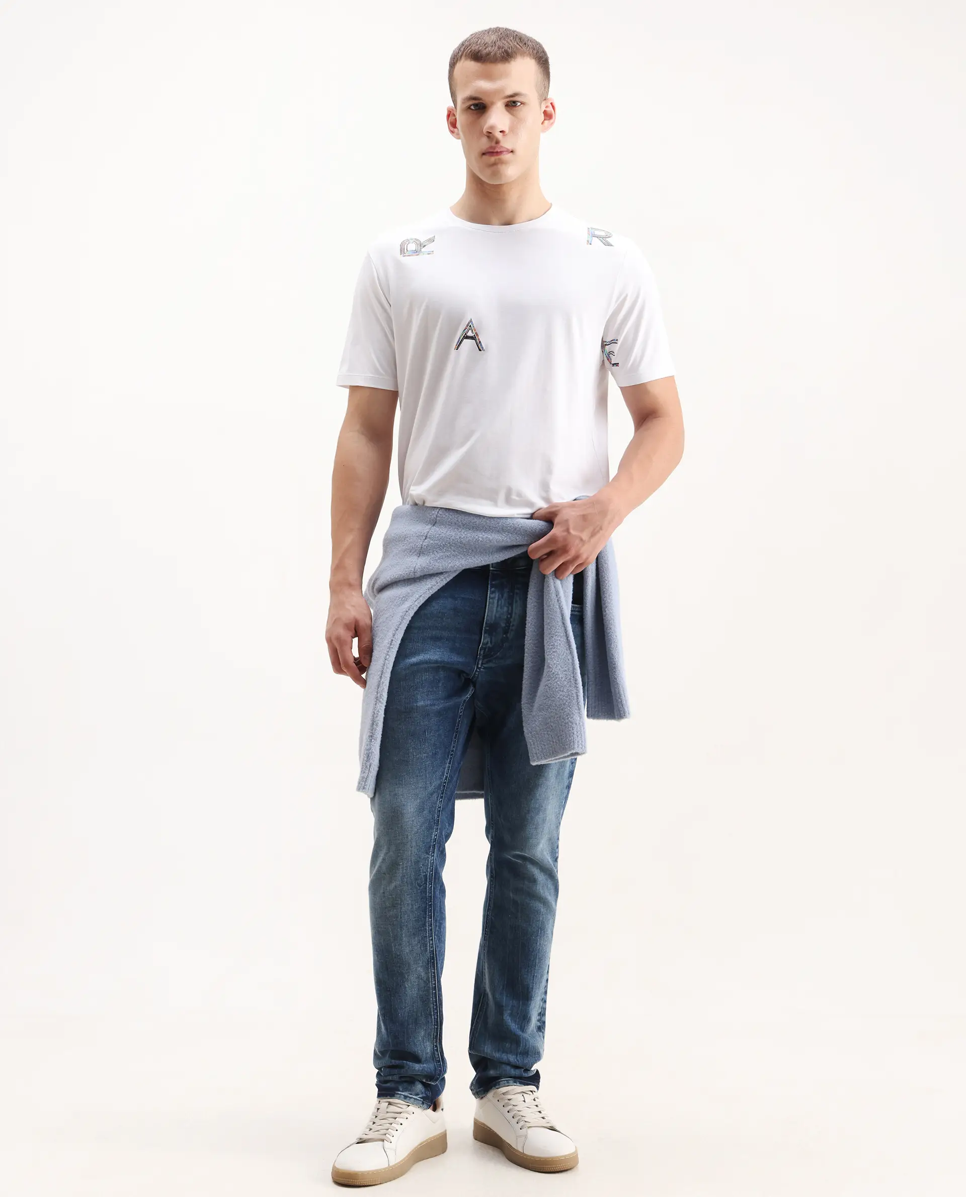 Rare Rabbit Men's Jolt White Cotton Blend Graphic Print Regular Fit Half Sleeve Crew Neck T-Shirt - Image 2