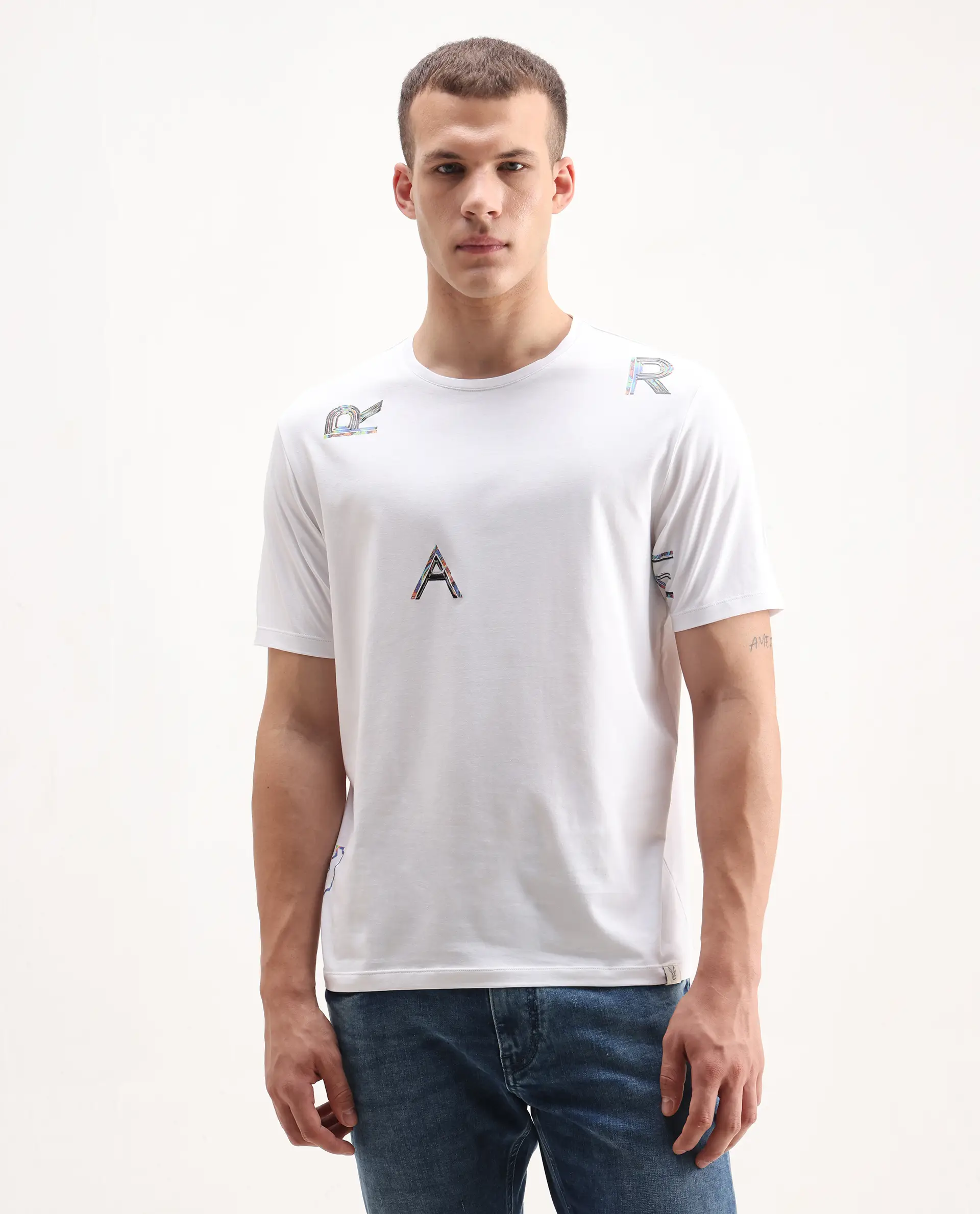 Rare Rabbit Men's Jolt White Cotton Blend Graphic Print Regular Fit Half Sleeve Crew Neck T-Shirt - Image 4