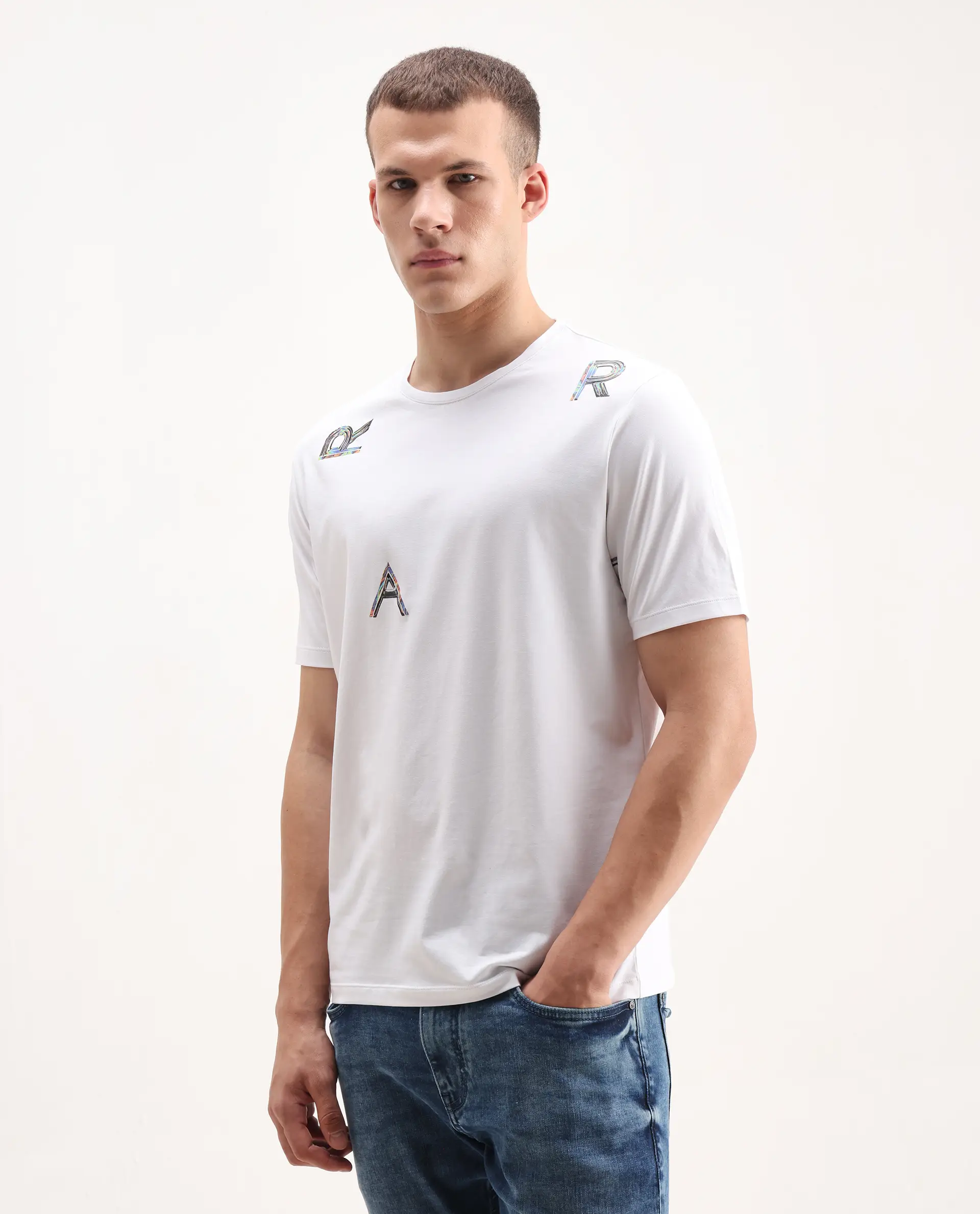Rare Rabbit Men's Jolt White Cotton Blend Graphic Print Regular Fit Half Sleeve Crew Neck T-Shirt - Image 5