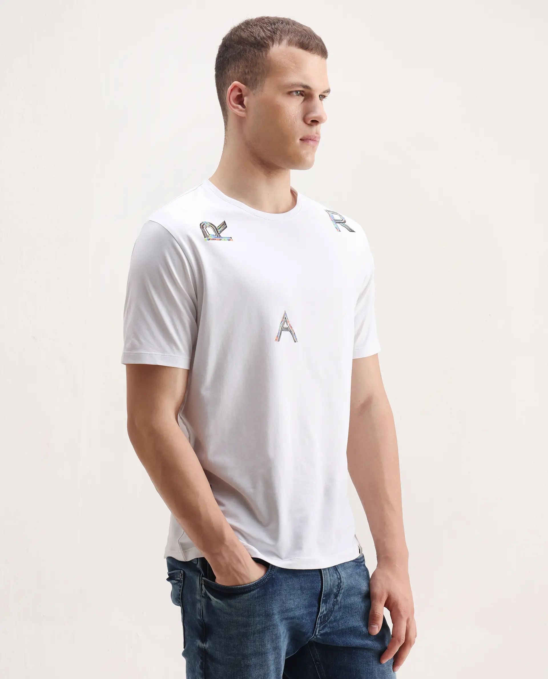 Rare Rabbit Men's Jolt White Cotton Blend Graphic Print Regular Fit Half Sleeve Crew Neck T-Shirt - Image 6