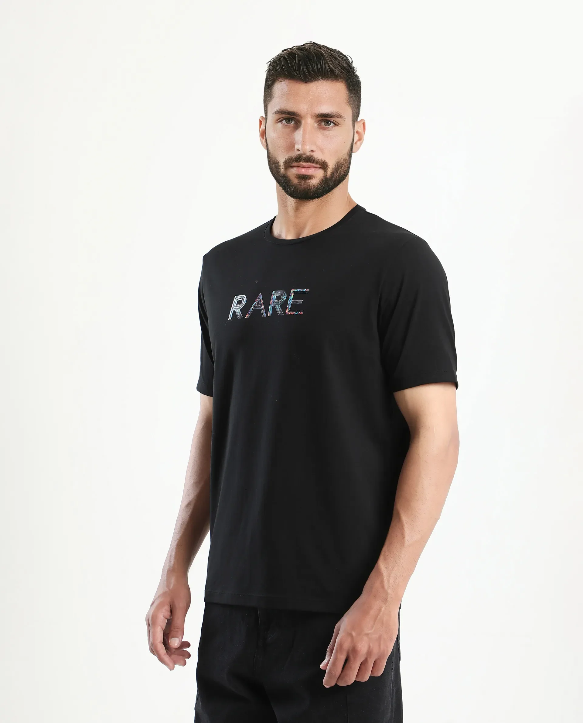 Rare Rabbit Men's Jolt Black Cotton Blend Graphic Print Regular Fit Half Sleeve Crew Neck T-Shirt - Image 5