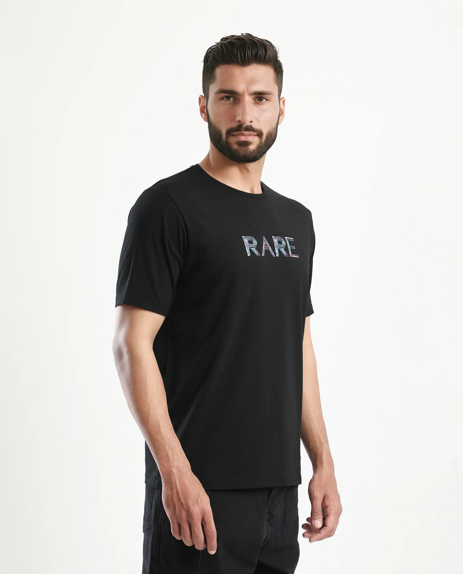 Rare Rabbit Men's Jolt Black Cotton Blend Graphic Print Regular Fit Half Sleeve Crew Neck T-Shirt - Image 6