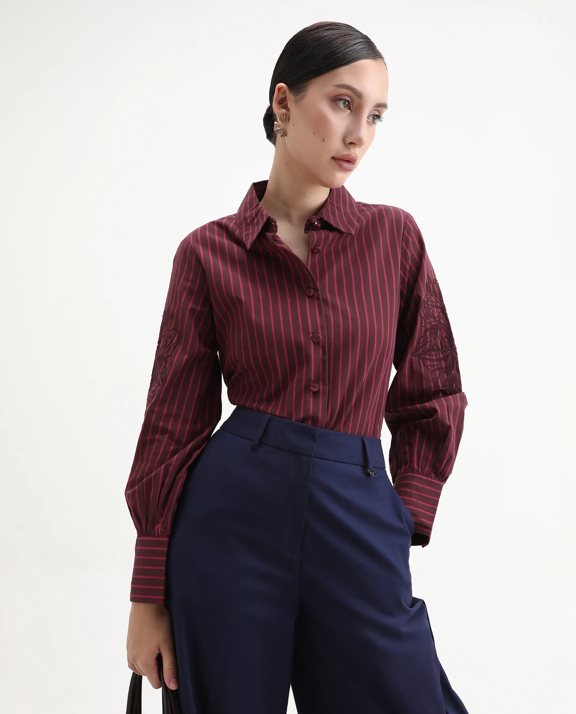 Rareism Women's Jolvo Maroon Cotton Drop Collar Striped Bishop Sleeve Regular Fit Shirt - Image 2