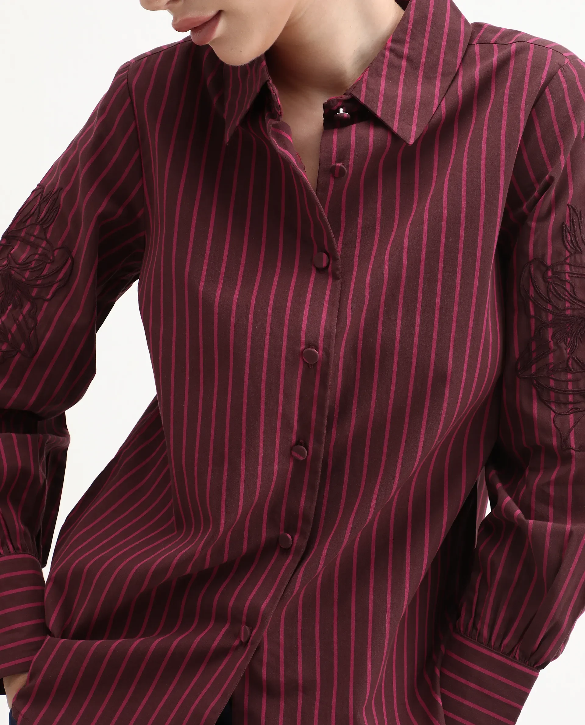 Rareism Women's Jolvo Maroon Cotton Drop Collar Striped Bishop Sleeve Regular Fit Shirt - Image 3