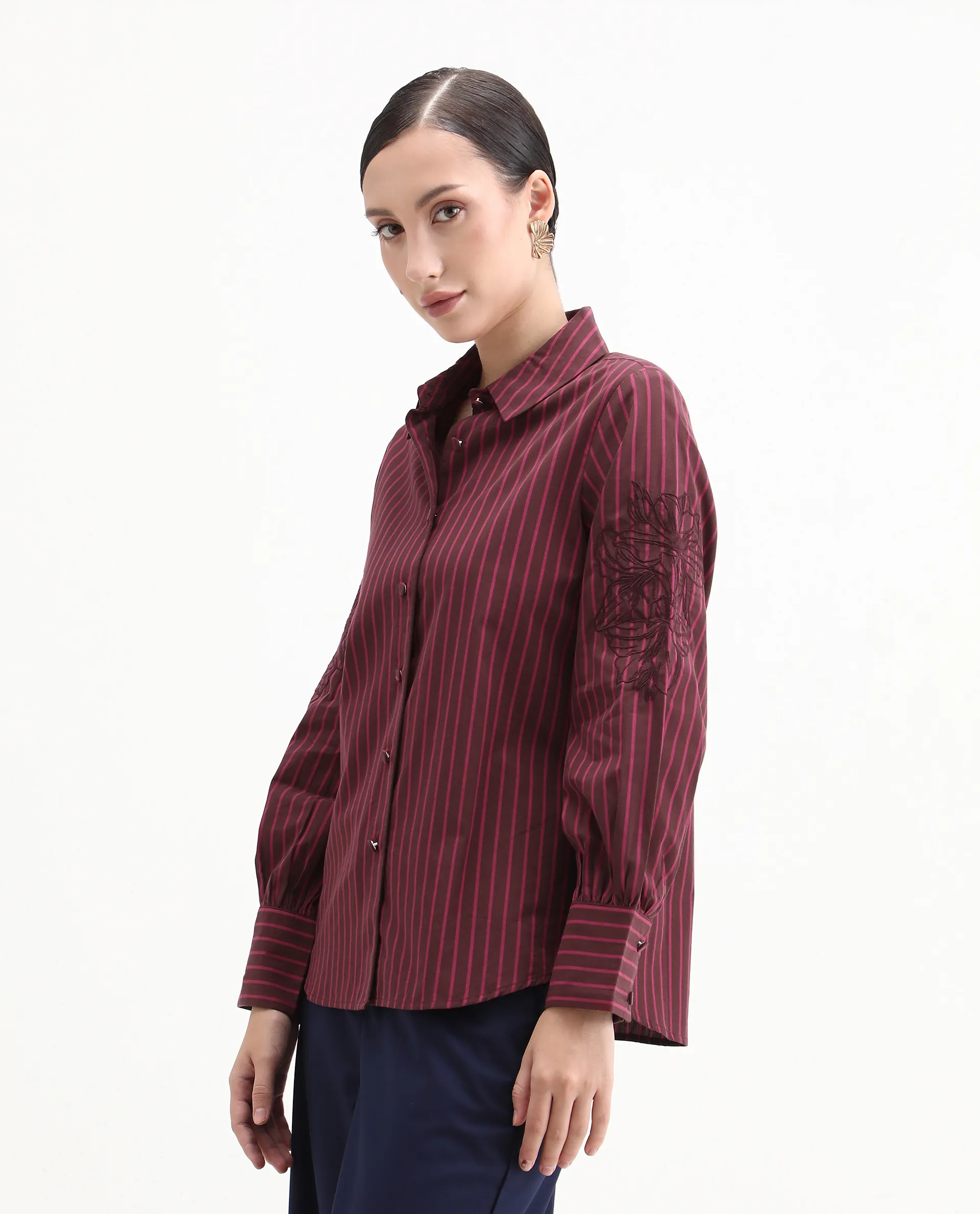 Rareism Women's Jolvo Maroon Cotton Drop Collar Striped Bishop Sleeve Regular Fit Shirt - Image 4