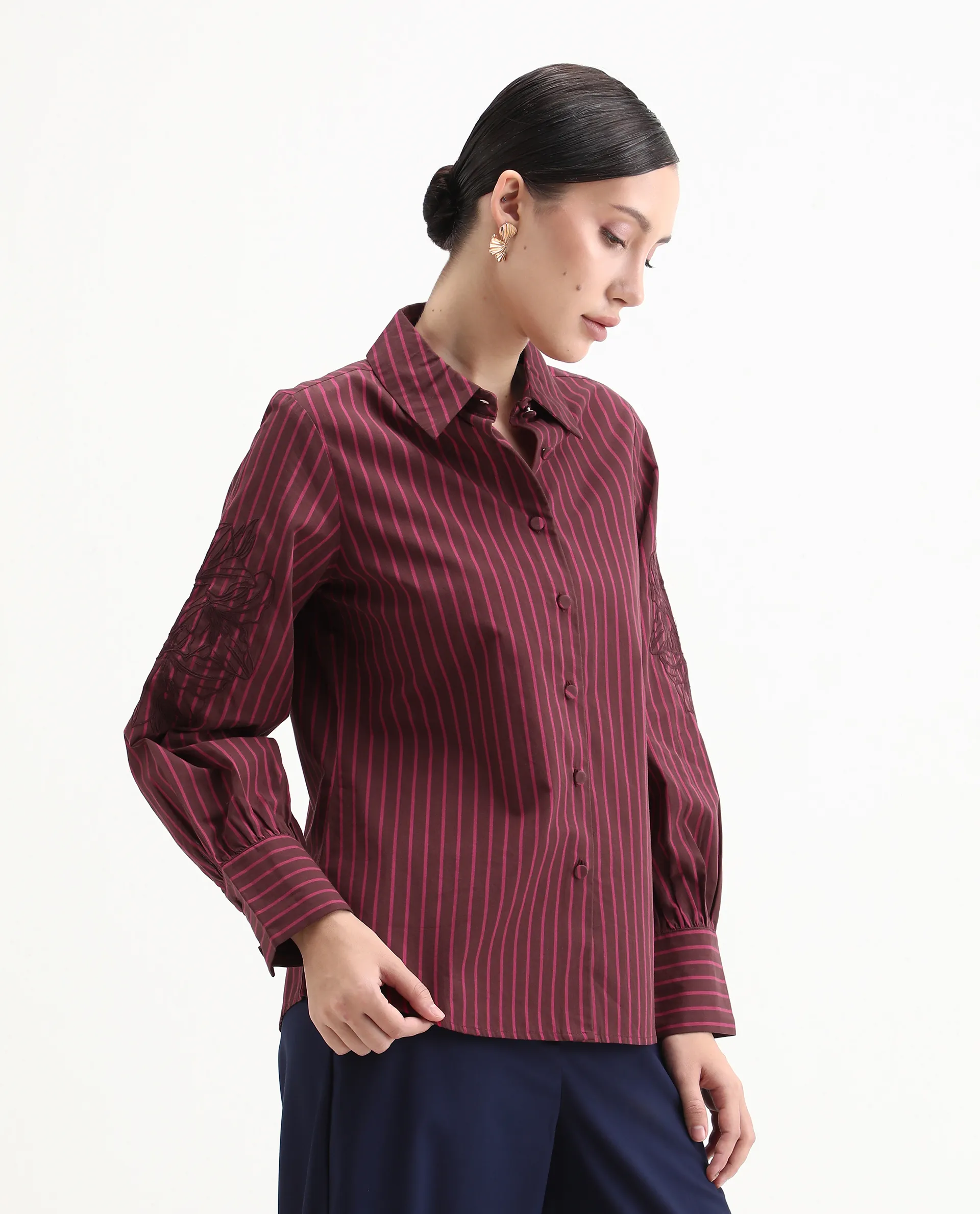 Rareism Women's Jolvo Maroon Cotton Drop Collar Striped Bishop Sleeve Regular Fit Shirt - Image 5