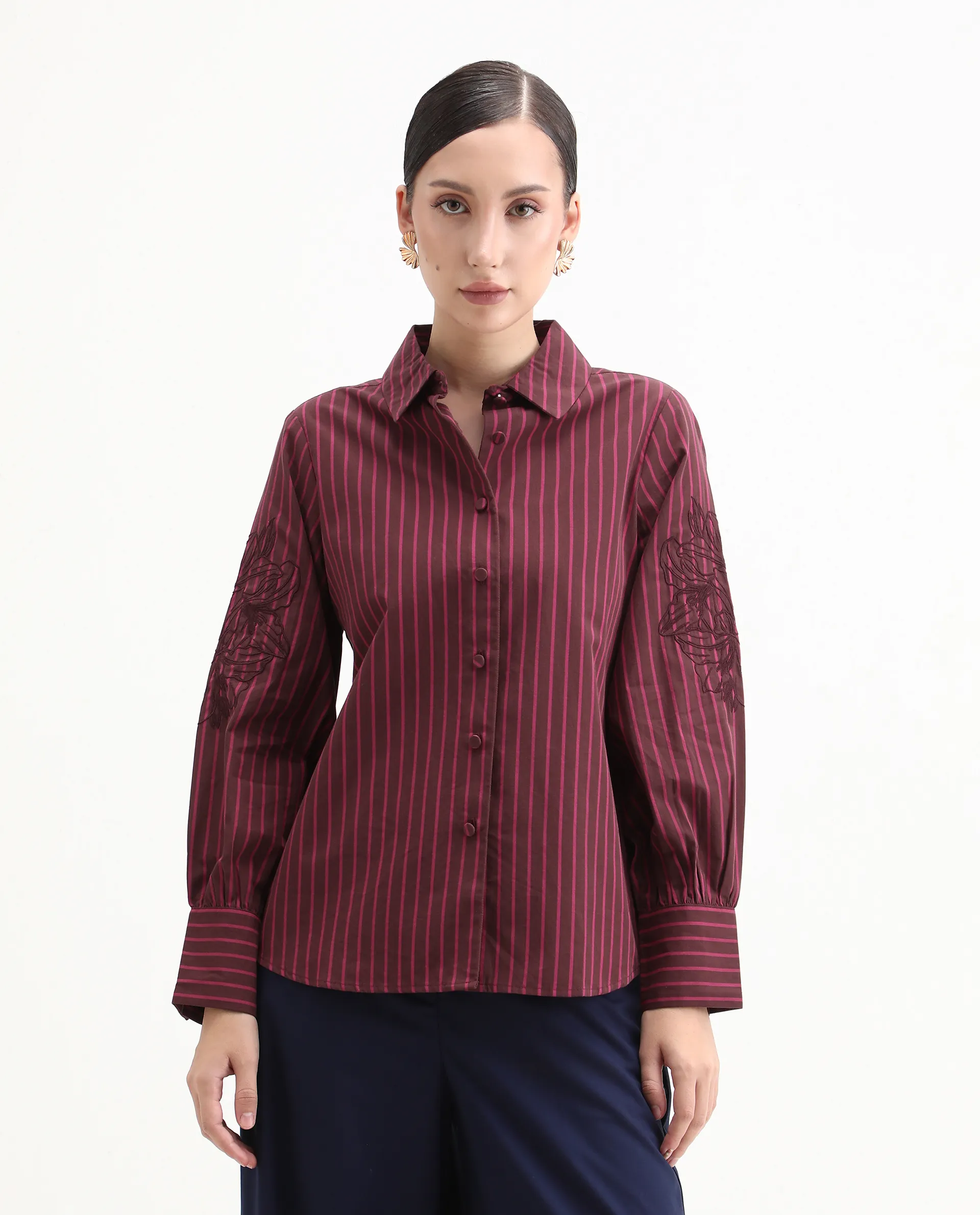 Rareism Women's Jolvo Maroon Cotton Drop Collar Striped Bishop Sleeve Regular Fit Shirt - Image 6
