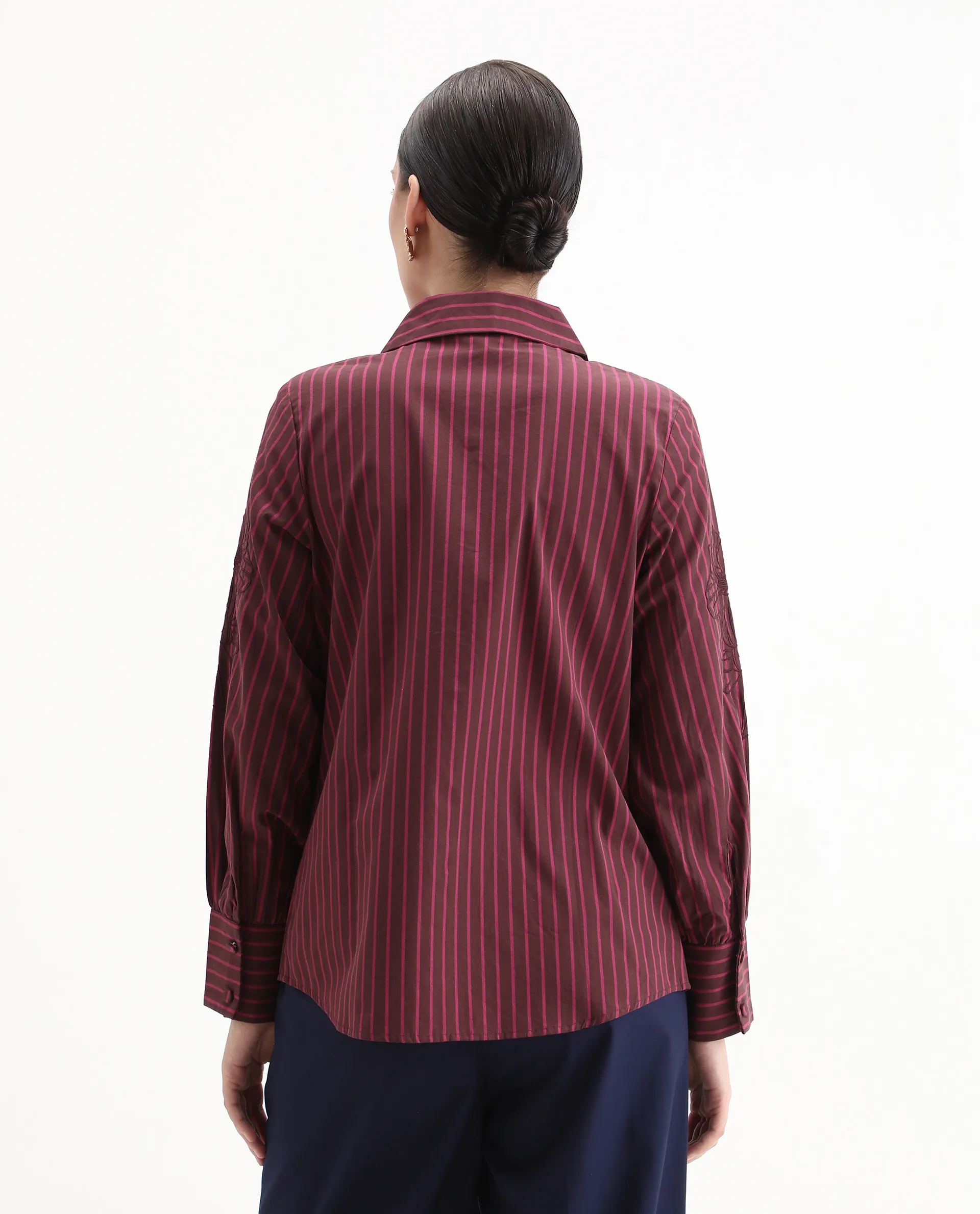 Rareism Women's Jolvo Maroon Cotton Drop Collar Striped Bishop Sleeve Regular Fit Shirt - Image 7