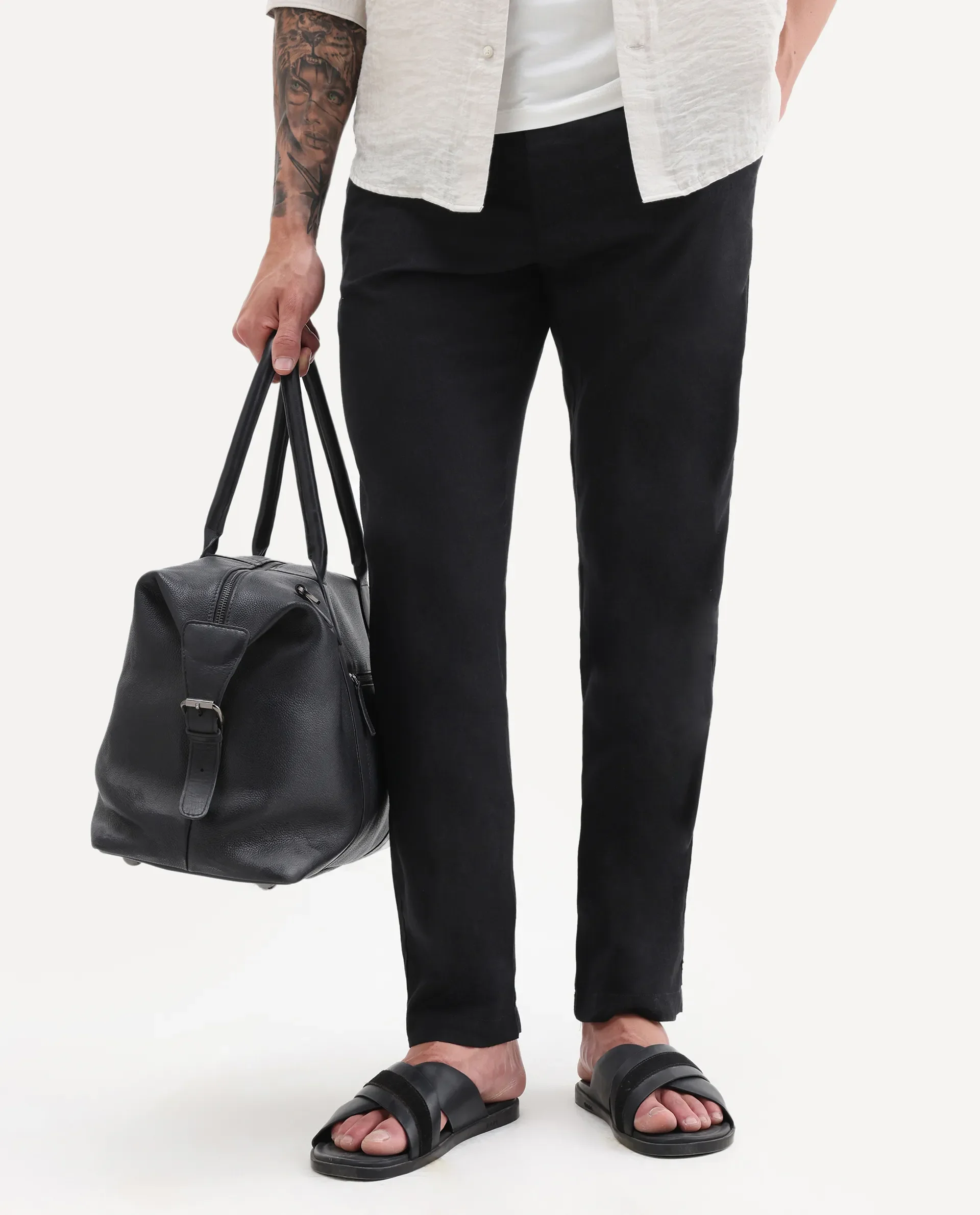 Rare Rabbit Men's Jomo-B Black Linen Blend Plain Regular Fit Trouser - Image 2