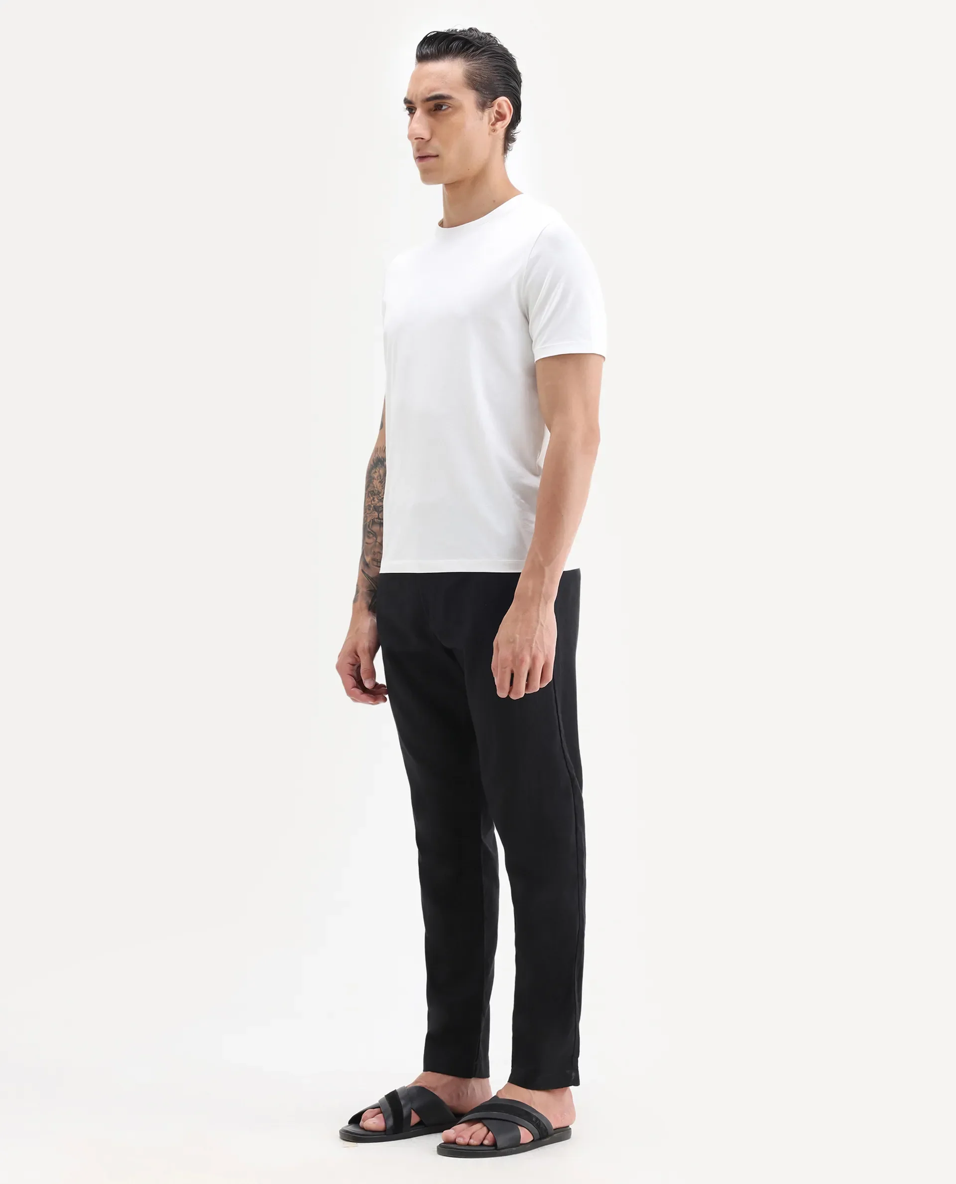 Rare Rabbit Men's Jomo-B Black Linen Blend Plain Regular Fit Trouser - Image 4
