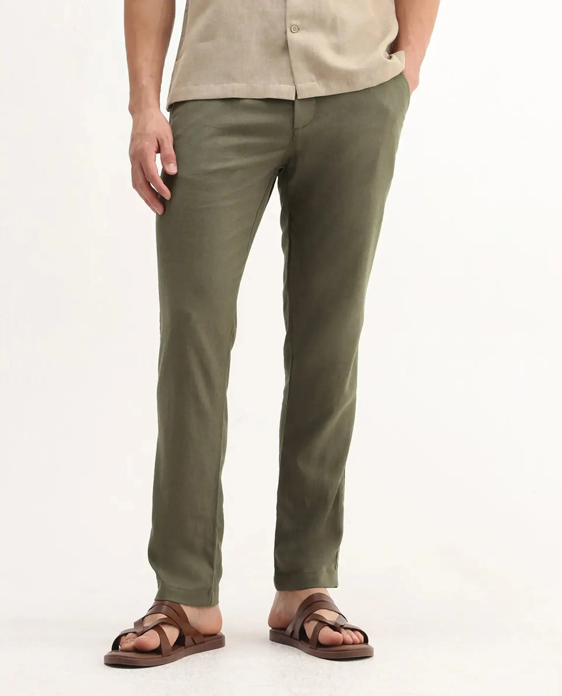 Rare Rabbit Men's Jomo-B Olive Linen Blend Plain Regular Fit Trouser - Image 11