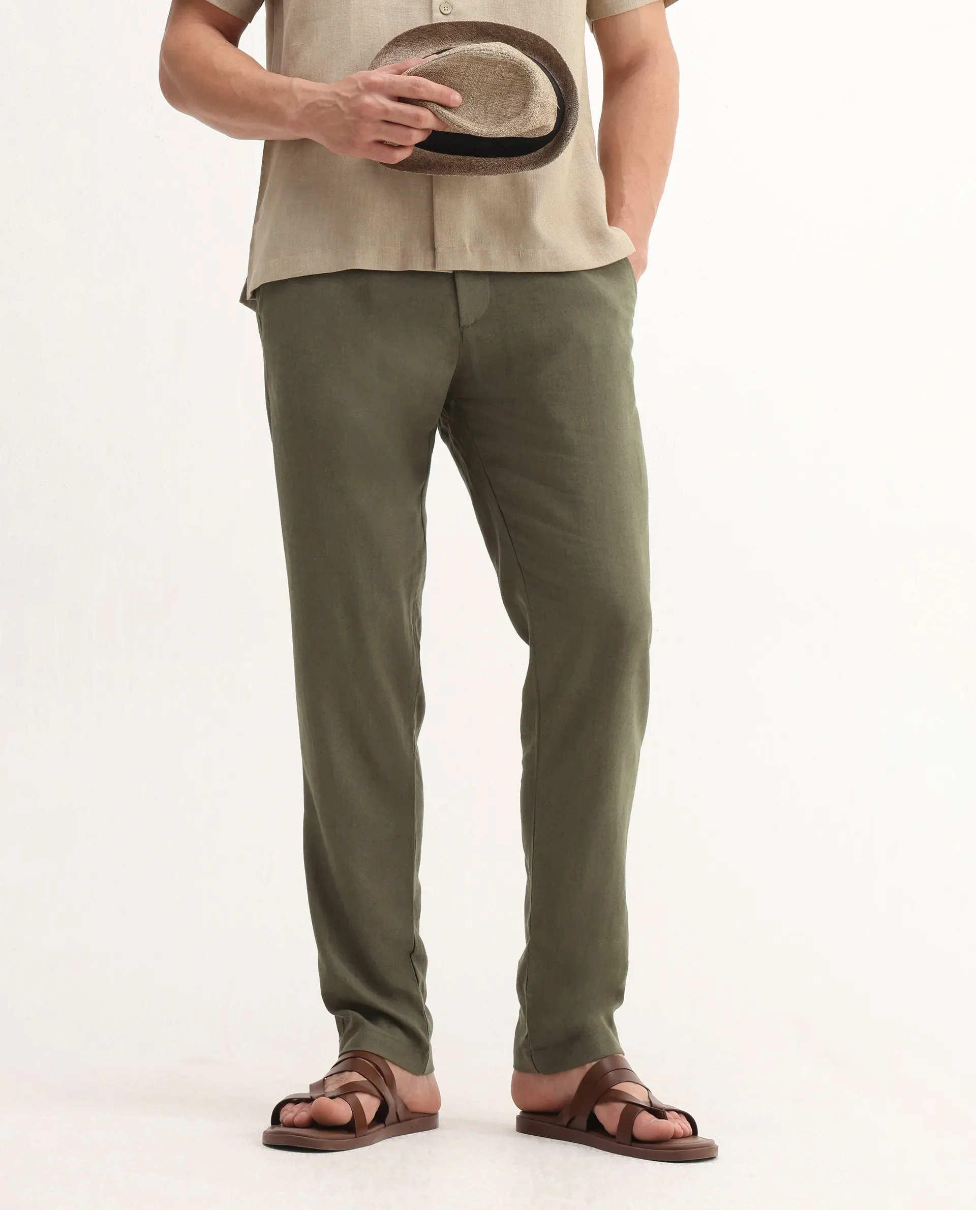Rare Rabbit Men's Jomo-B Olive Linen Blend Plain Regular Fit Trouser - Image 2