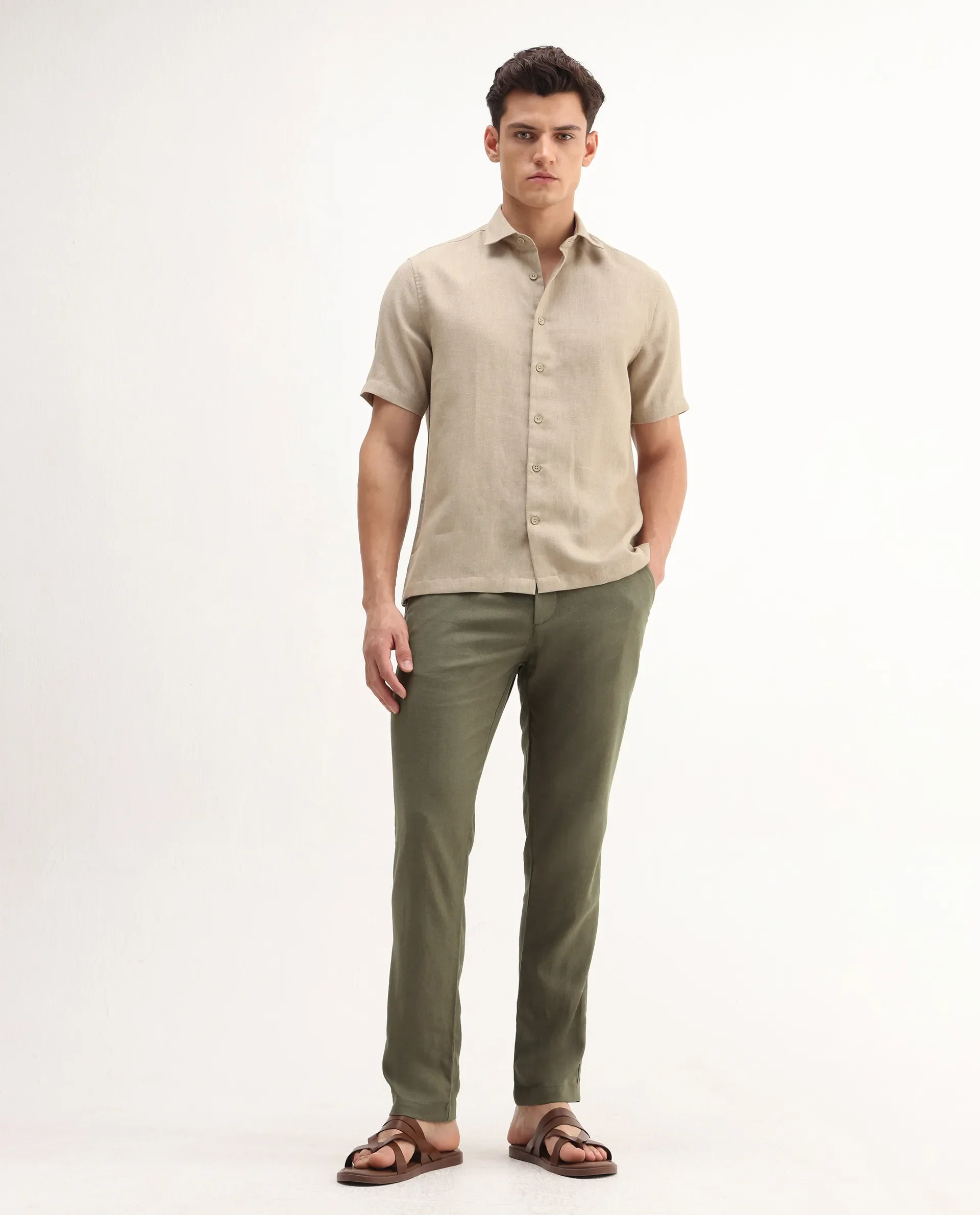 Rare Rabbit Men's Jomo-B Olive Linen Blend Plain Regular Fit Trouser - Image 4