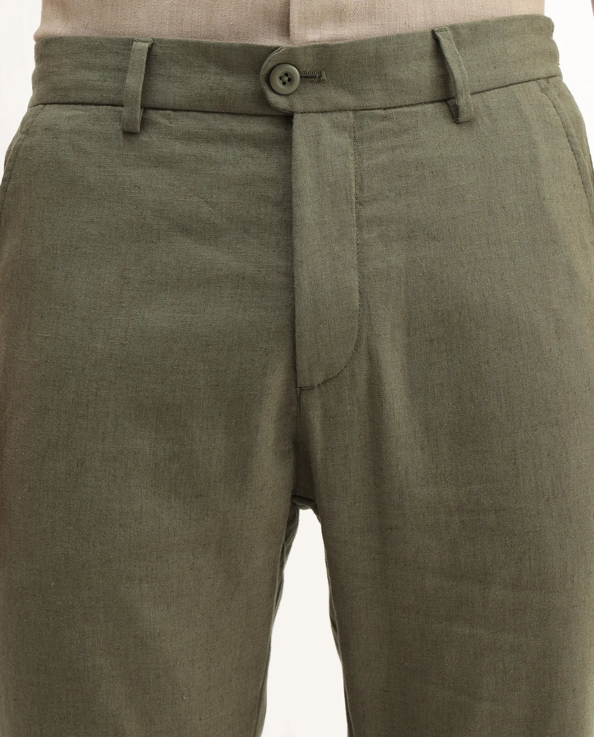 Rare Rabbit Men's Jomo-B Olive Linen Blend Plain Regular Fit Trouser - Image 7