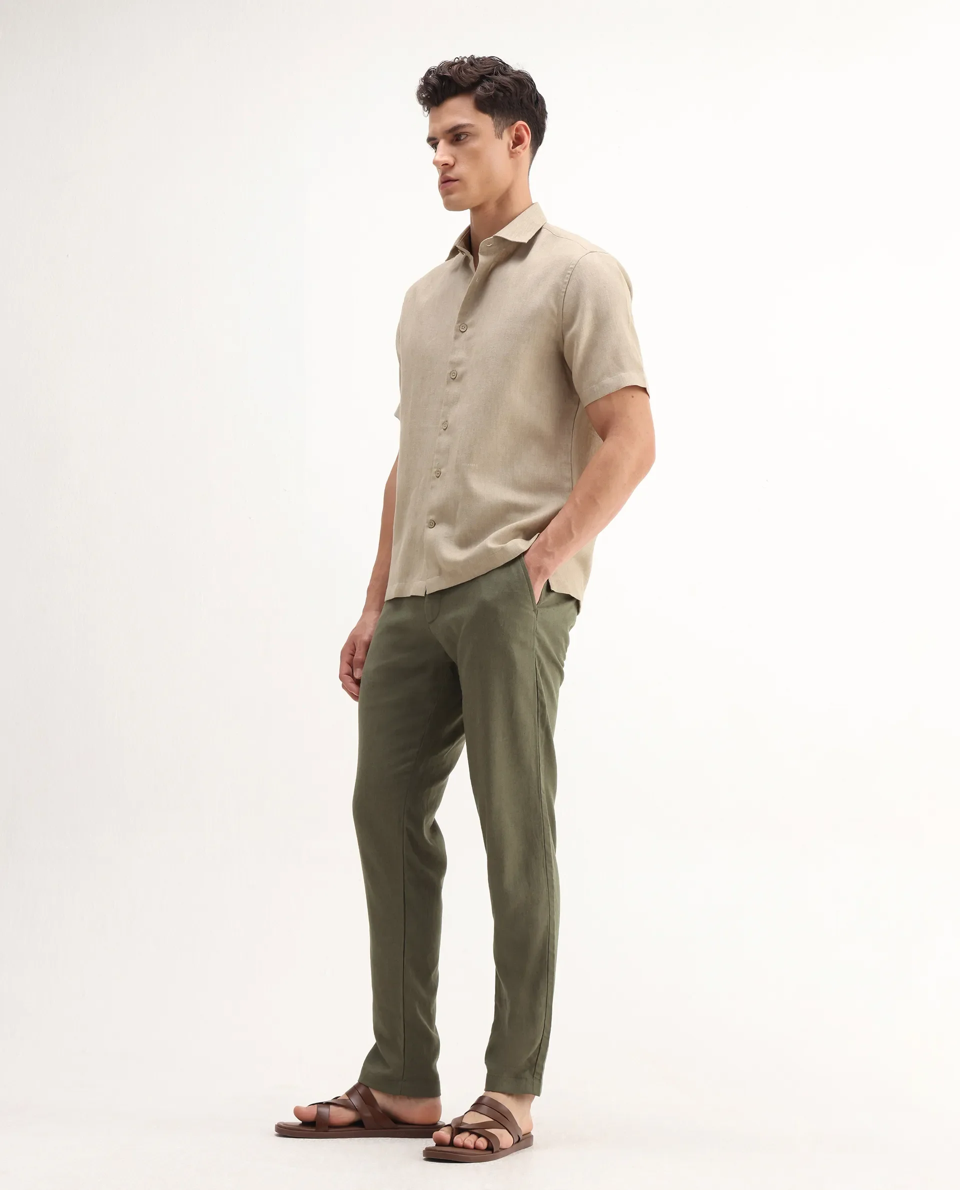 Rare Rabbit Men's Jomo-B Olive Linen Blend Plain Regular Fit Trouser - Image 8