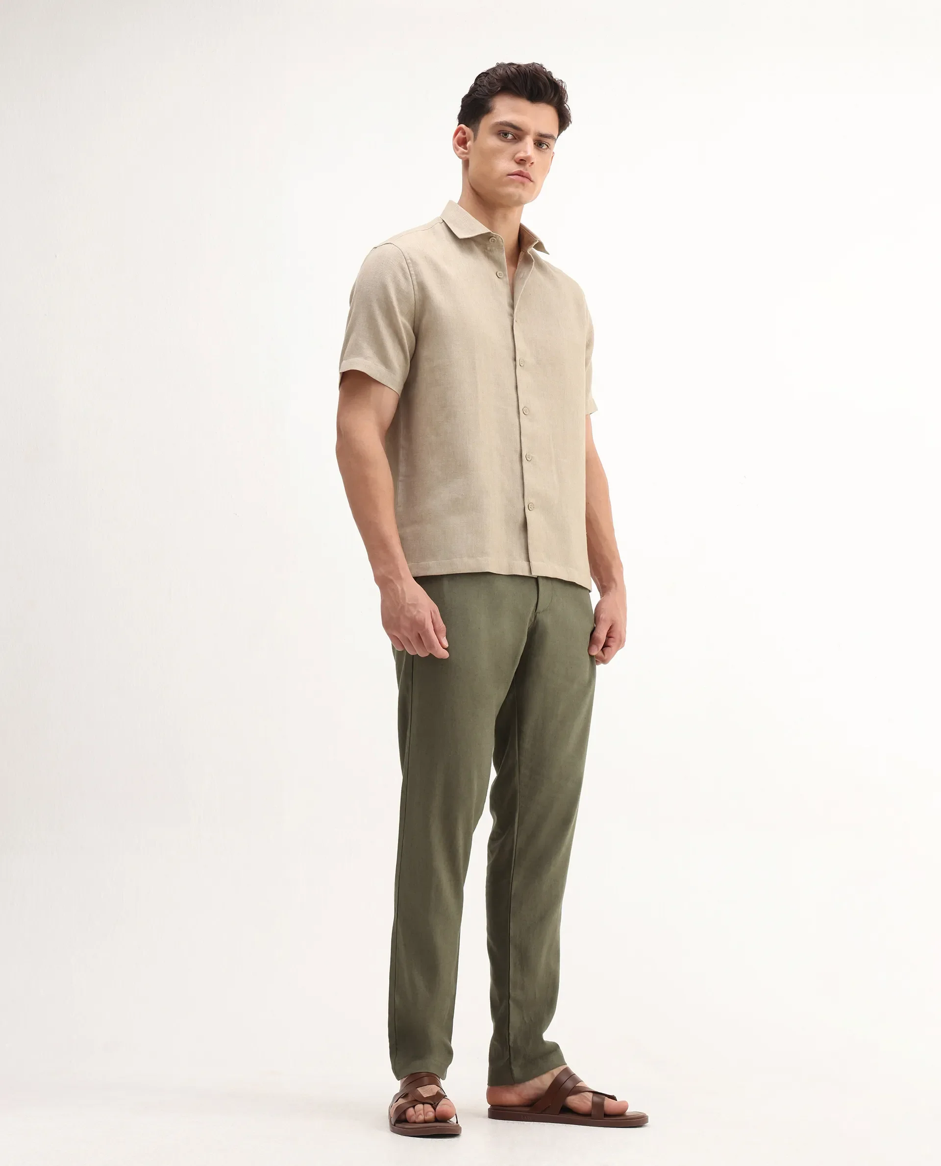 Rare Rabbit Men's Jomo-B Olive Linen Blend Plain Regular Fit Trouser - Image 9