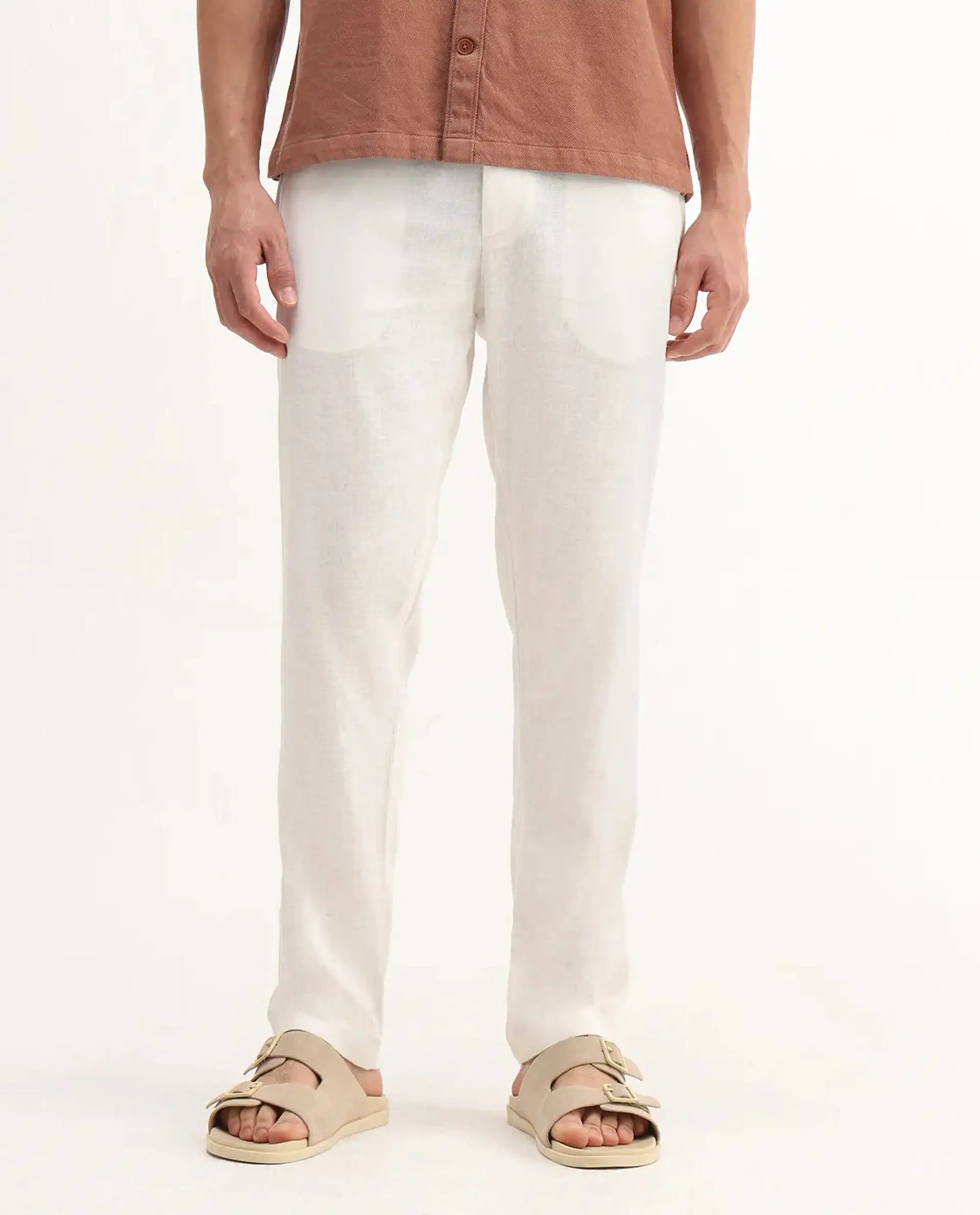 Rare Rabbit Men's Jomo-B White Linen Blend Plain Regular Fit Trouser - Image 10