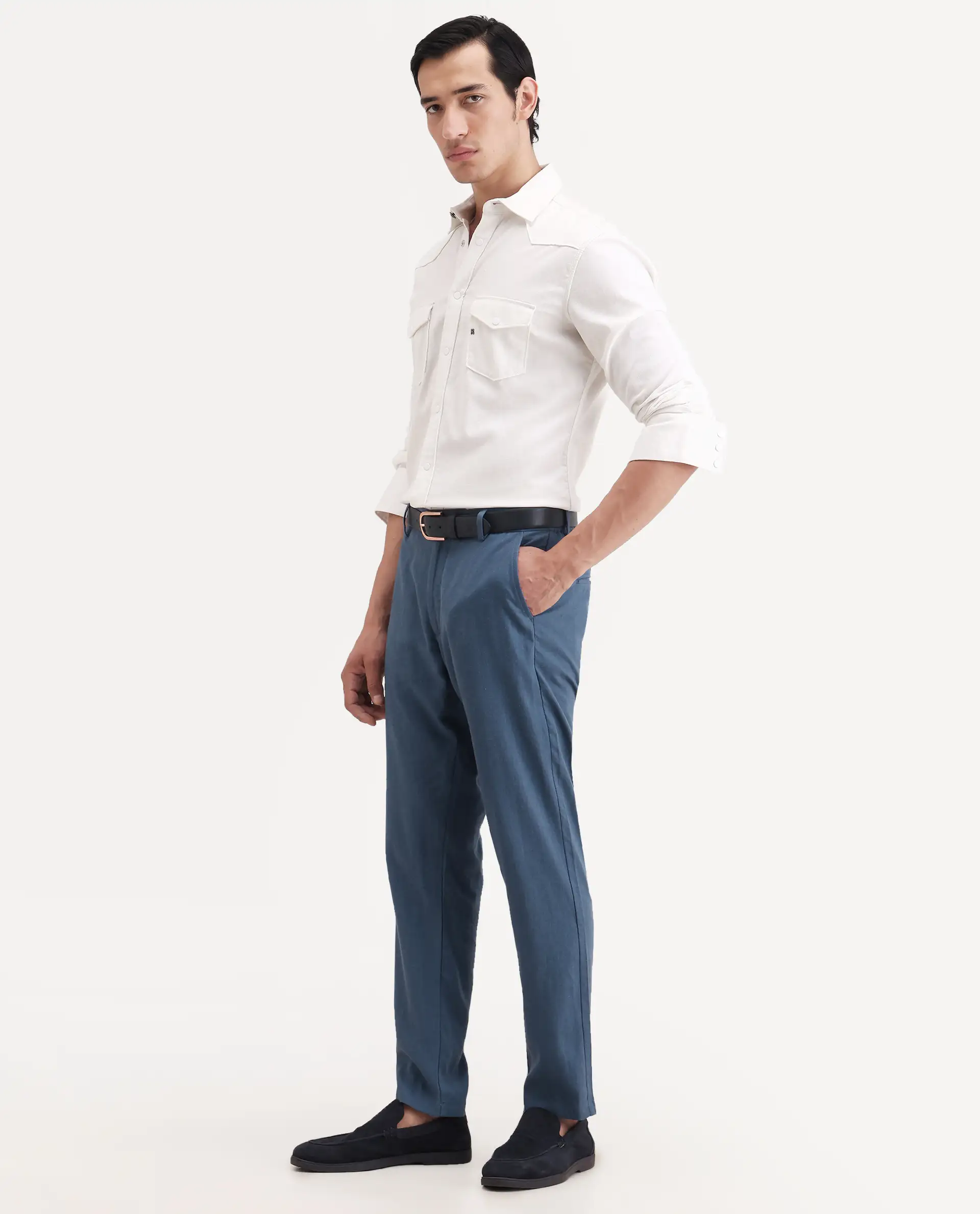 Rare Rabbit Men's Jomo-Ss26 Blue Linen Blend Fabric Regular Fit Plain Trouser - Image 4