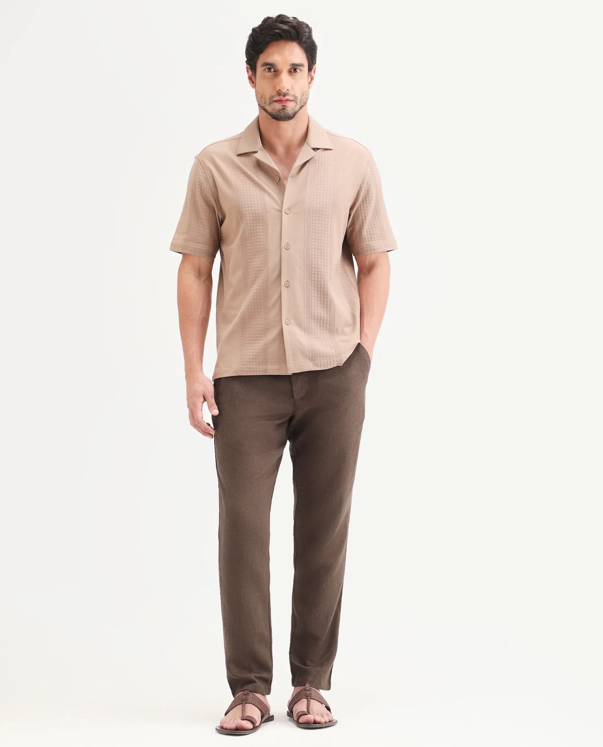 Rare Rabbit Men's Jomo-Ss26 Brown Linen Blend Fabric Regular Fit Plain Trouser - Image 4