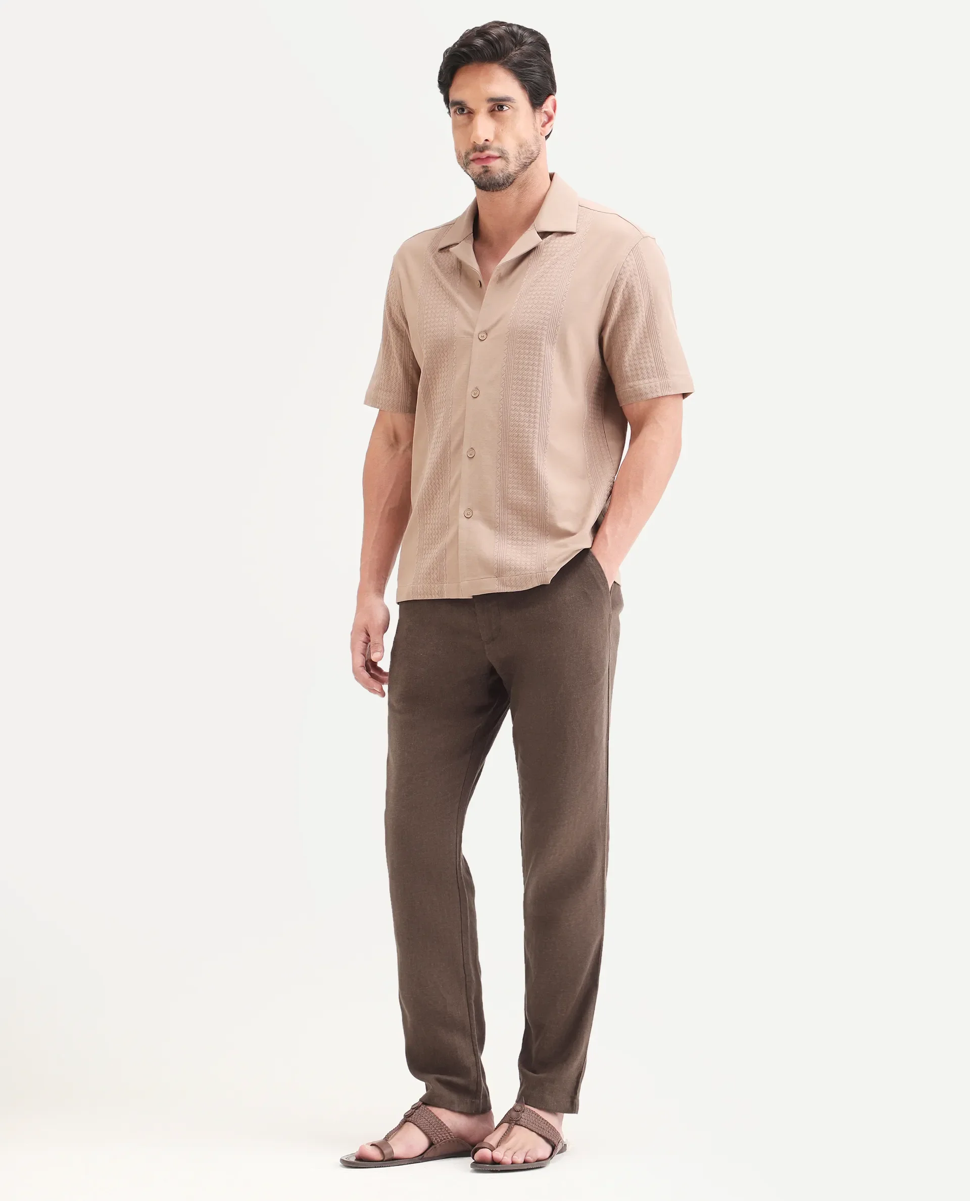 Rare Rabbit Men's Jomo-Ss26 Brown Linen Blend Fabric Regular Fit Plain Trouser - Image 5