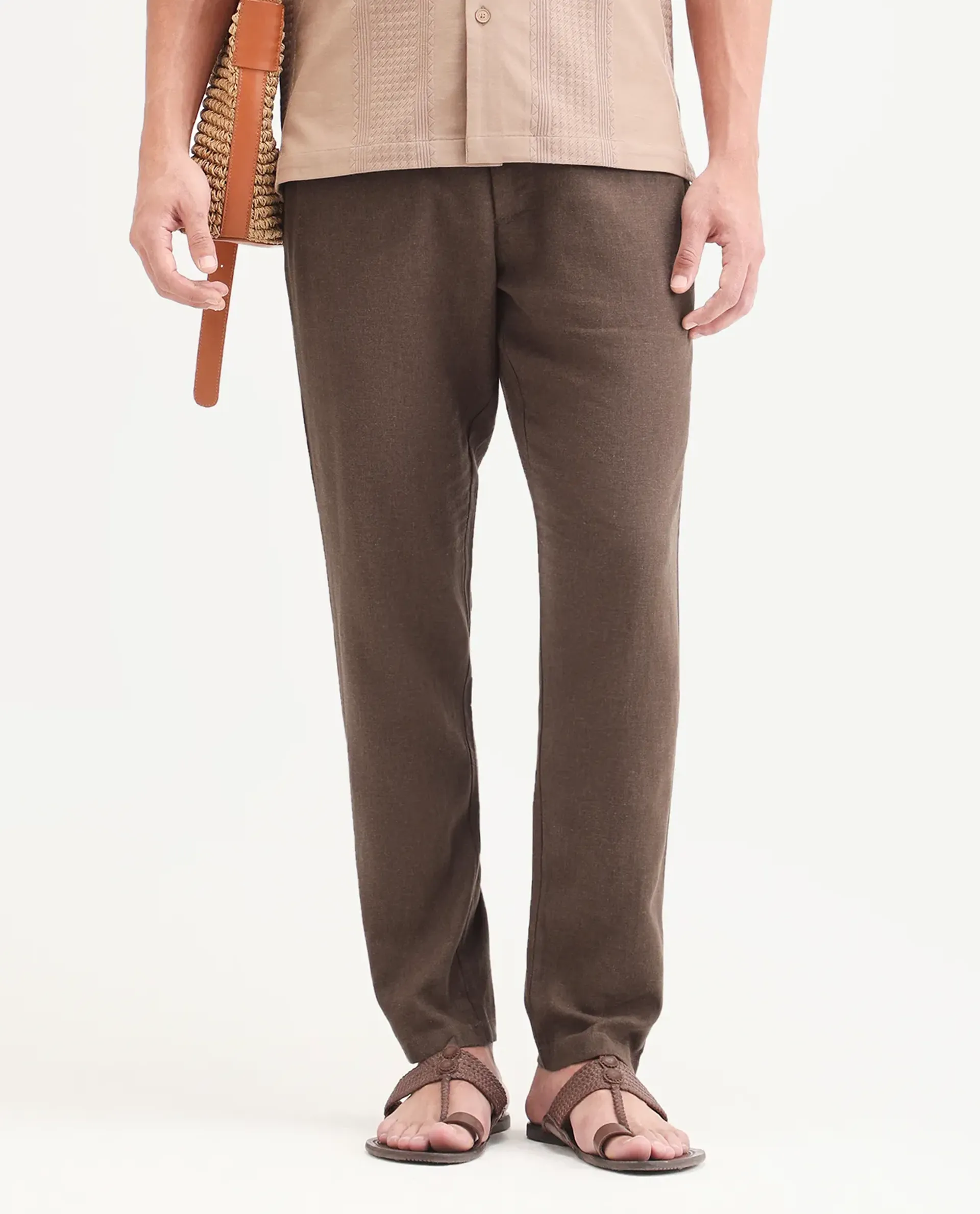 Rare Rabbit Men's Jomo-Ss26 Brown Linen Blend Fabric Regular Fit Plain Trouser - Image 9